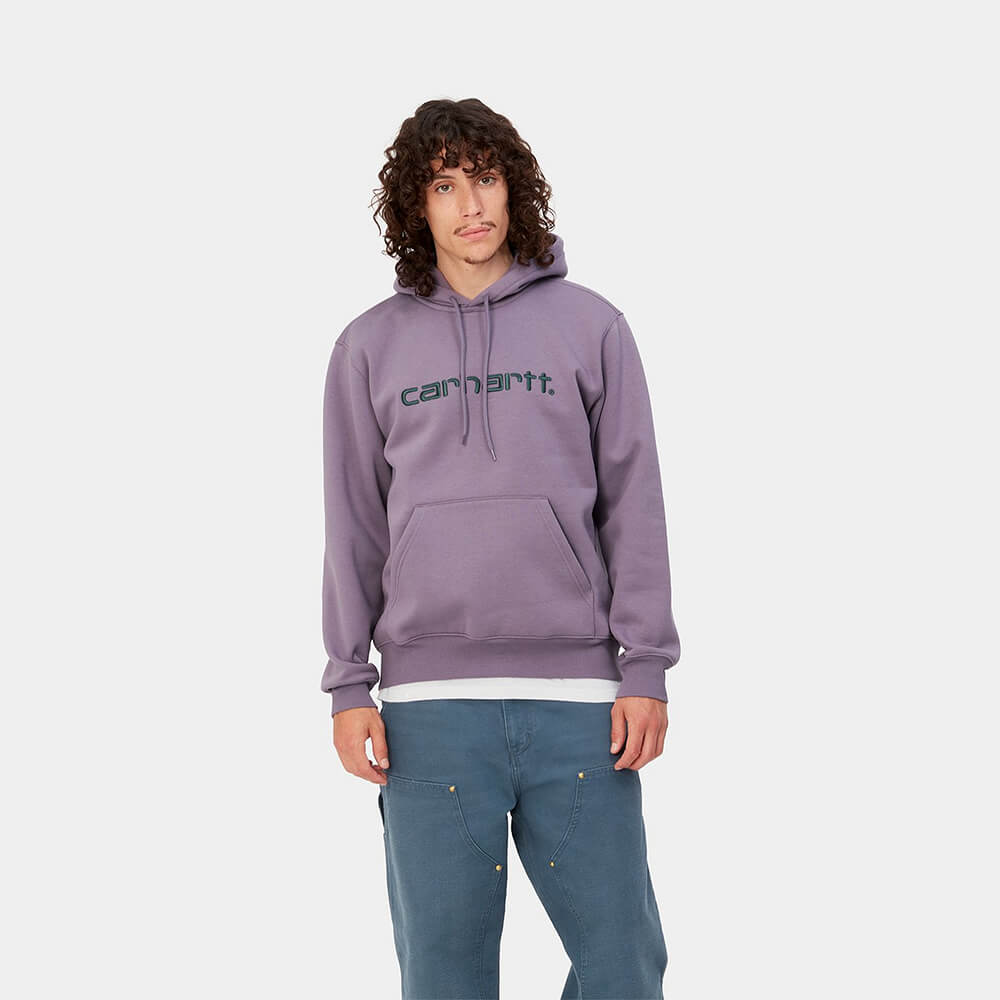 "Carhartt Hooded Script Sweat in Glassy Purple, I030547_1TF_XX, carhartt hoodie aus einer Baumwollmischung, Kapuze, Logo-Schriftzug, leuchtender, violetter Hoodie."