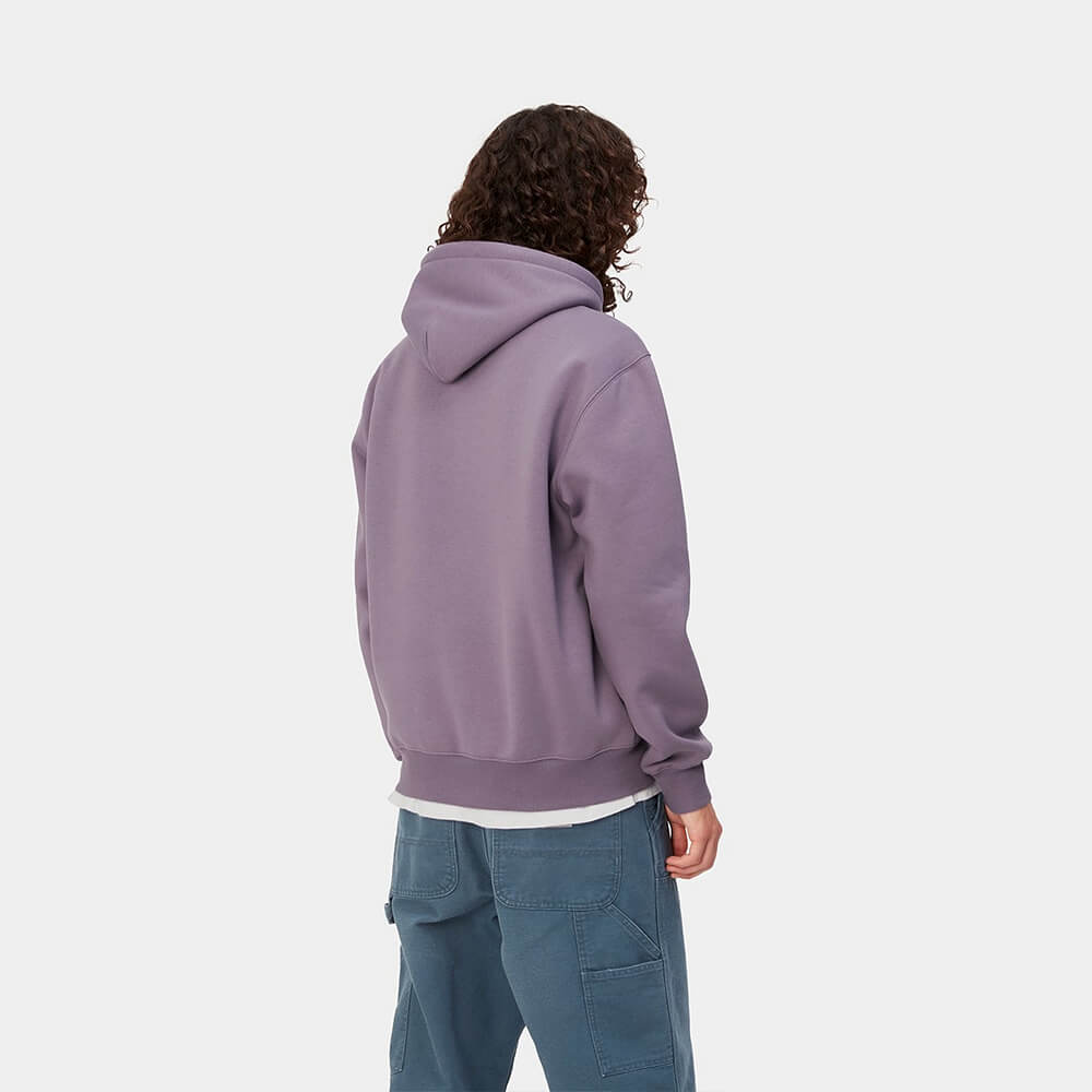 "Carhartt Hooded Script Sweat in Glassy Purple, I030547_1TF_XX, carhartt hoodie aus einer Baumwollmischung, Kapuze, Logo-Schriftzug, leuchtender, violetter Hoodie."