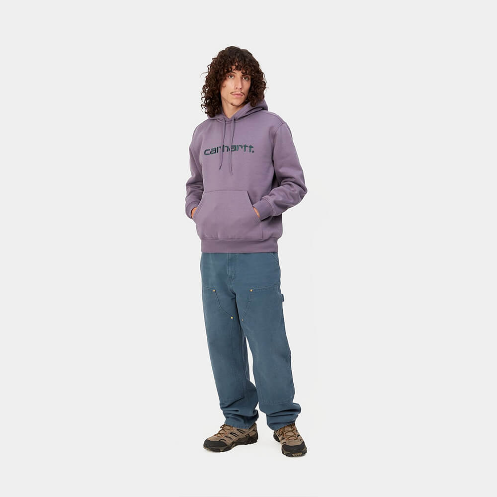 "Carhartt Hooded Script Sweat in Glassy Purple, I030547_1TF_XX, carhartt hoodie aus einer Baumwollmischung, Kapuze, Logo-Schriftzug, leuchtender, violetter Hoodie."