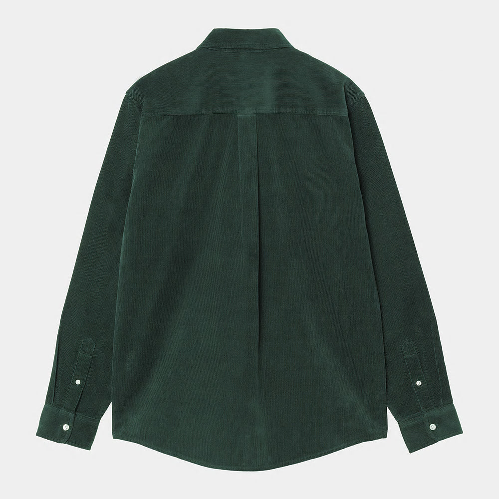 “Carhartt Hemd WIP L/S Madison Fine Cord Shirt in Conifer / Wax, I030580_2VO_XX, aus weichem Cord, mit Button-down-Kragen und gesticktem Logo auf der Brust.“