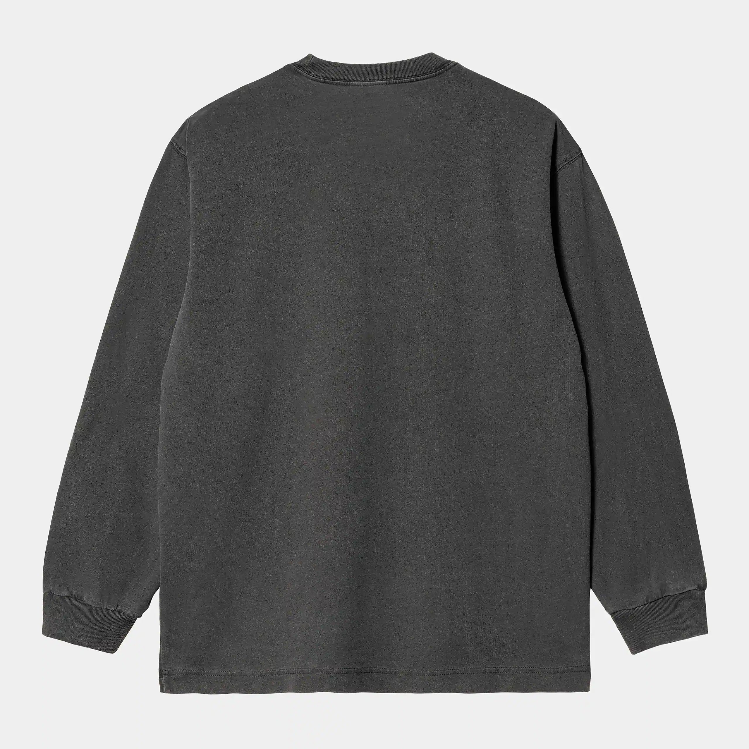 “Helles, leicht verwaschenes schwarz („Vulcan“) Carhartt WIP L/S Vista T-Shirt. Langärmliges Herren-T-Shirt aus schwerem Baumwolljersey. Kastenförmige, lockere Passform mit geripptem Rundhalsausschnitt und kleinem, farblich passendem Carhartt "C"-Logo auf der Brust. Lässiger Style mit angenehmer Textur.“