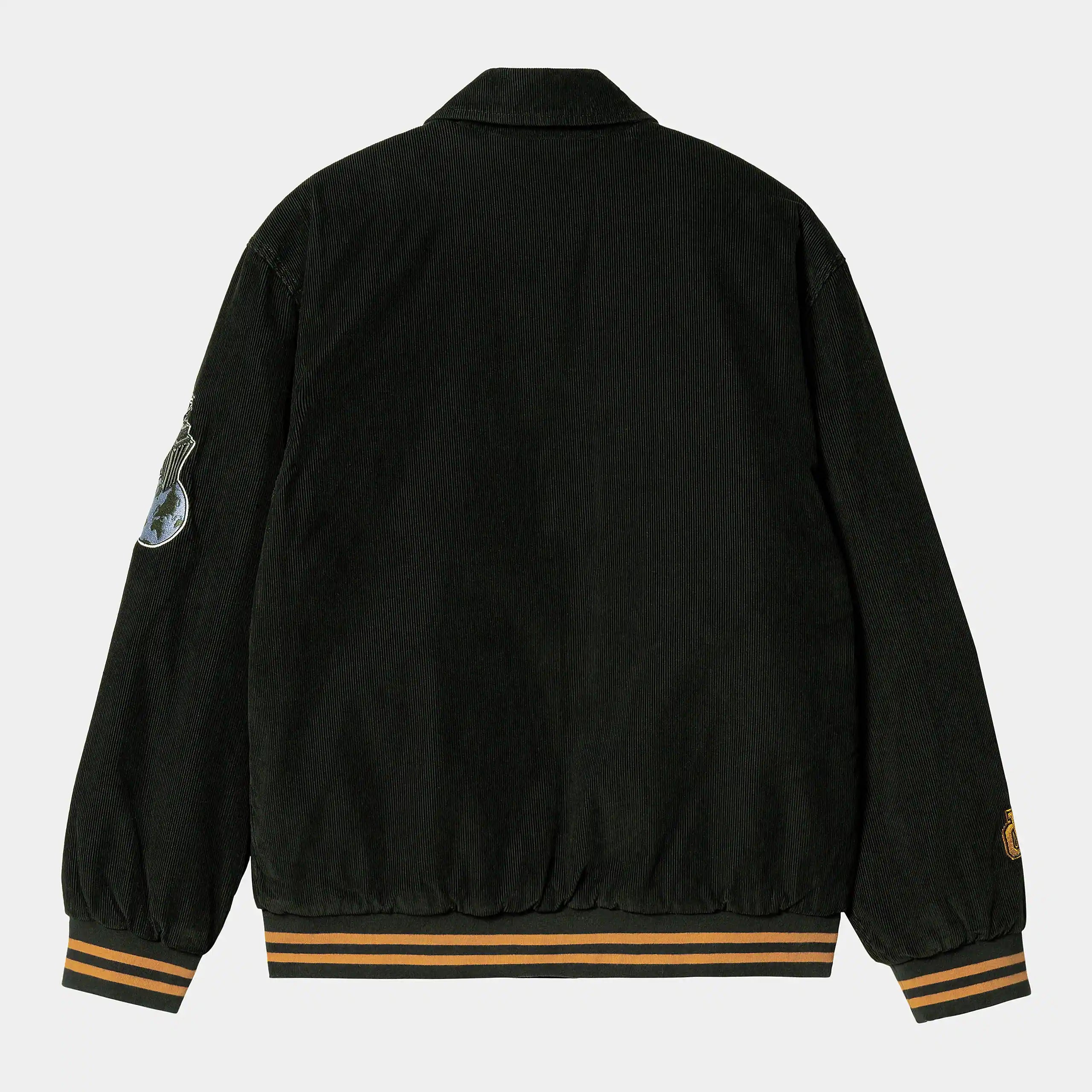 “Dunkelgrüne Carhartt WIP Letterman Jacket mit gelben Ärmeln, gesticktem Logo auf der Brust und Rippstrickbündchen.“
