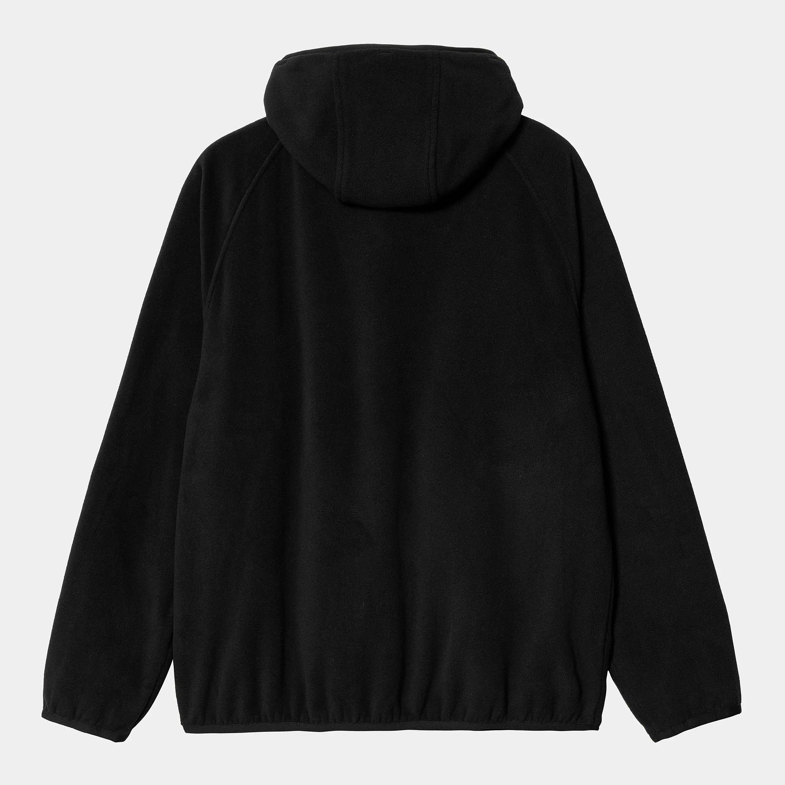 "Carhartt WIP South Jacket – Black. Schwarze Jacke aus robustem Fleece-Material, mit verdecktem Reißverschluss, verstellbarer Kapuze, Kängurutasche und gewebtem Carhartt WIP Logo."
