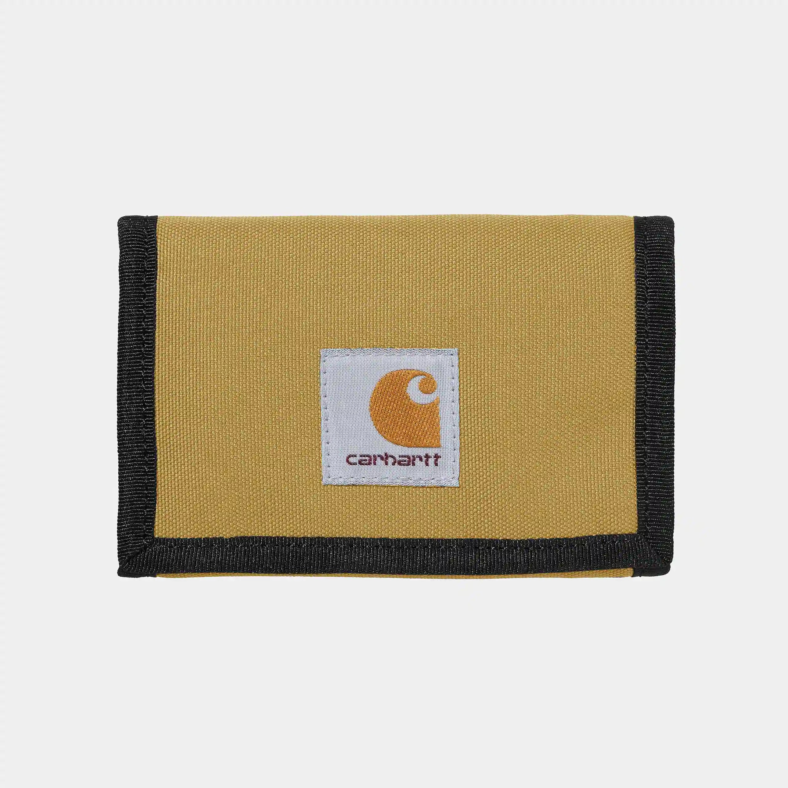 “Bourbon farbenes Carhartt WIP Alec Wallet aus robustem Material mit mehreren Kartenfächern, Schein- und Münzfach, sowie Logo-Patch.“