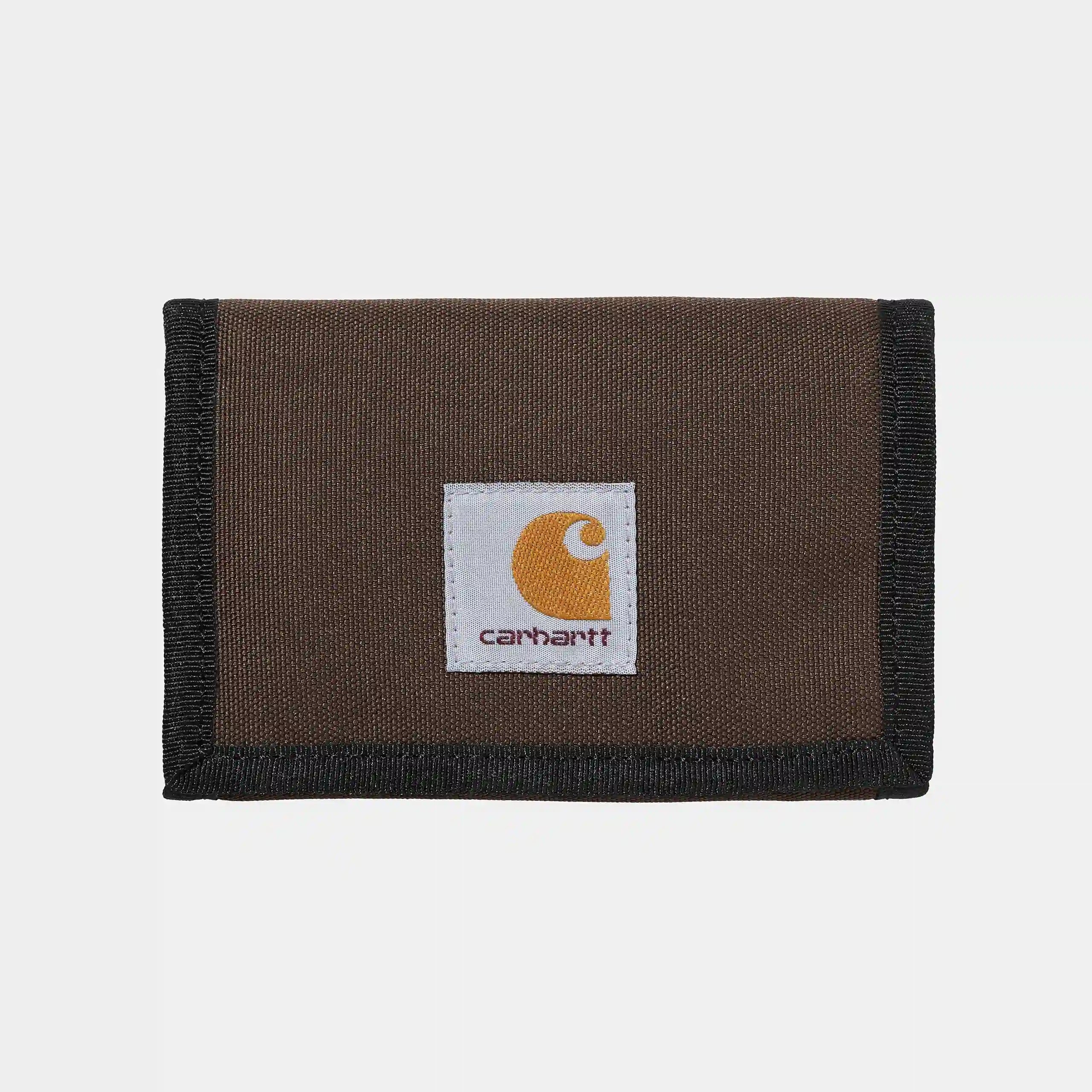 “Braunes Carhartt WIP Alec Wallet aus robustem Material mit mehreren Kartenfächern, Schein- und Münzfach, sowie Logo-Patch.“