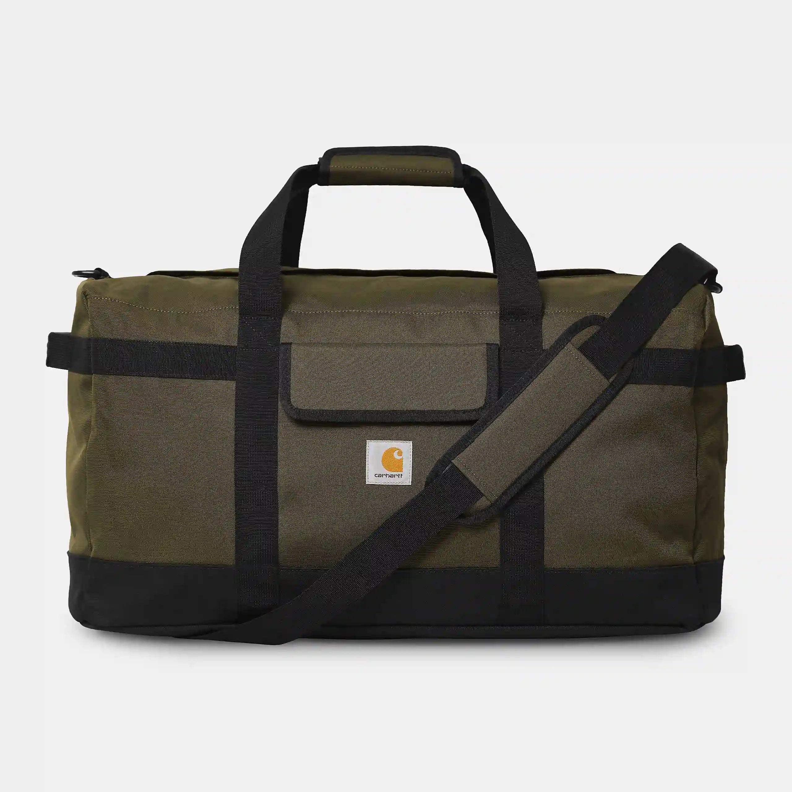 Carhartt WIP Jack Duffle Bag – Highland. Grüne Reisetasche aus robustem Baumwoll-Canvas, mit Reißverschluss, Tragegriffen und abnehmbarem Schultergurt.