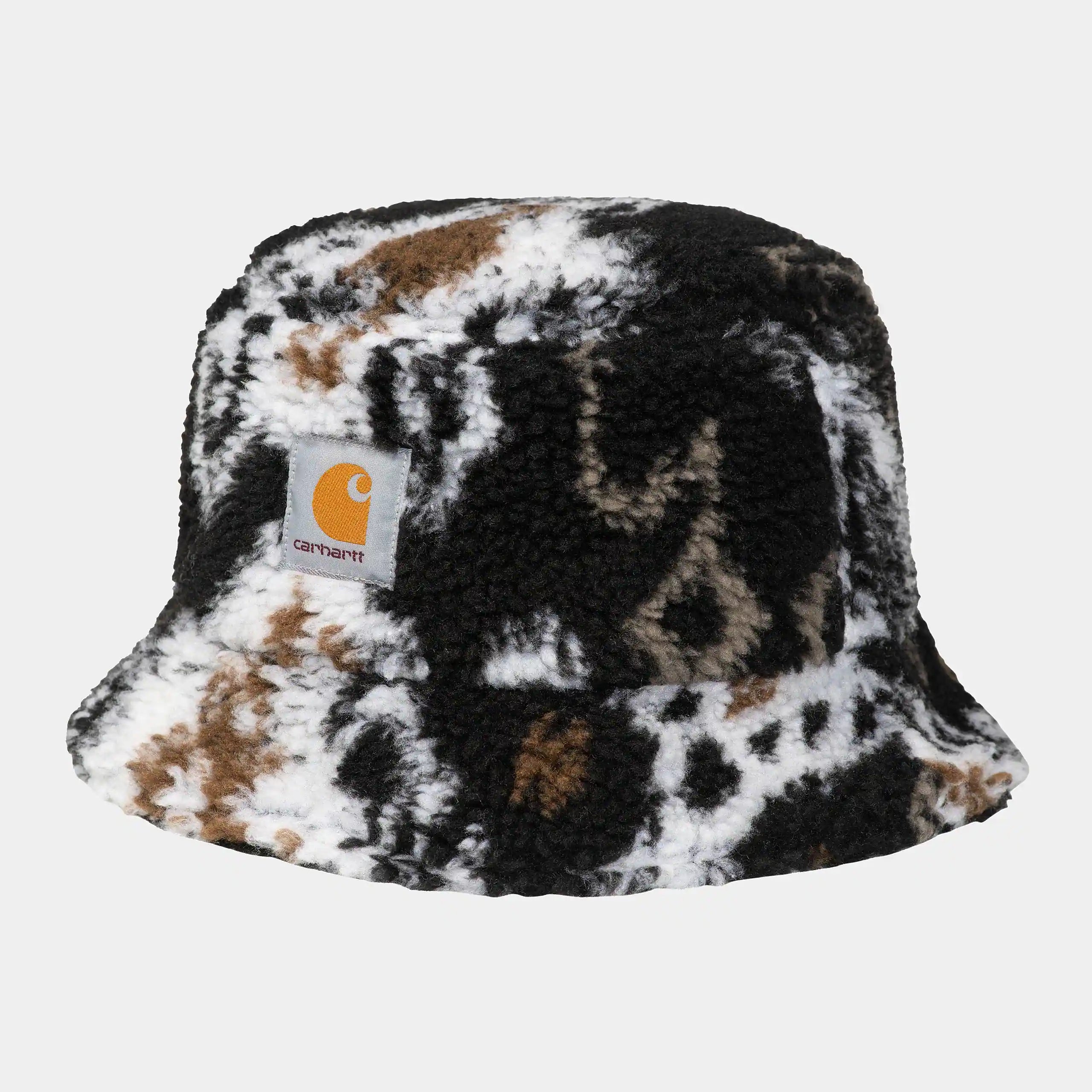 Carhartt WIP Prentis Bucket Hat – Jacquard, Black. Schwarzer Jacquard-Fleece-Hut mit Carhartt WIP Square Label auf der Vorderseite.