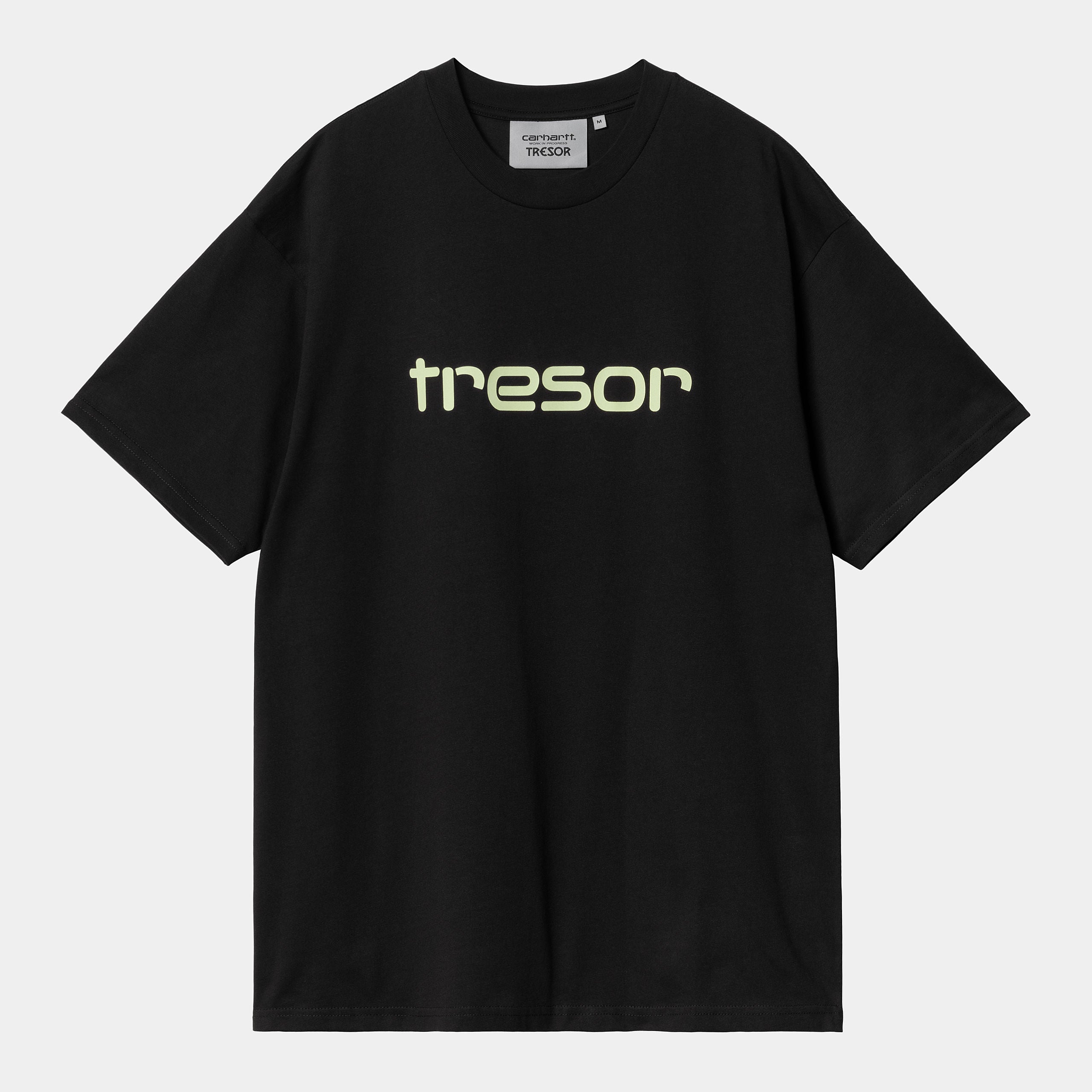 "Carhartt WIP x TRESOR Techno Alliance S/S T-Shirt, Schwarz/Glow Green, Baumwolle, Kurzarmshirt mit leuchtend grünem Print und Co-Branding."