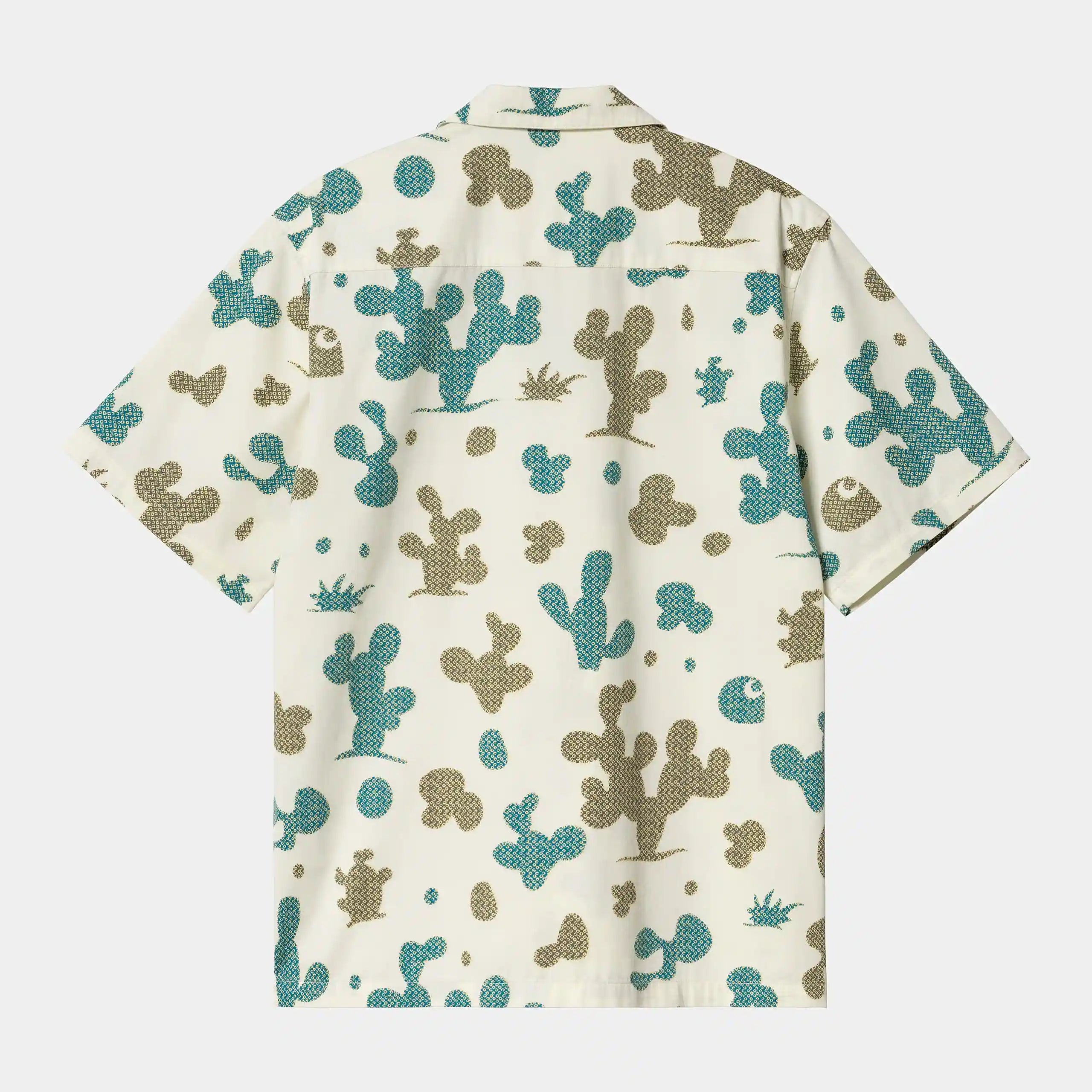 “Carhartt WIP S/S Opus Shirt – Opus Allover Print / Wax. Mehrfarbiges Kurzarmhemd aus Viskose-Twill, mit Reverskragen, Knopfleiste und abstraktem Allover-Print.“