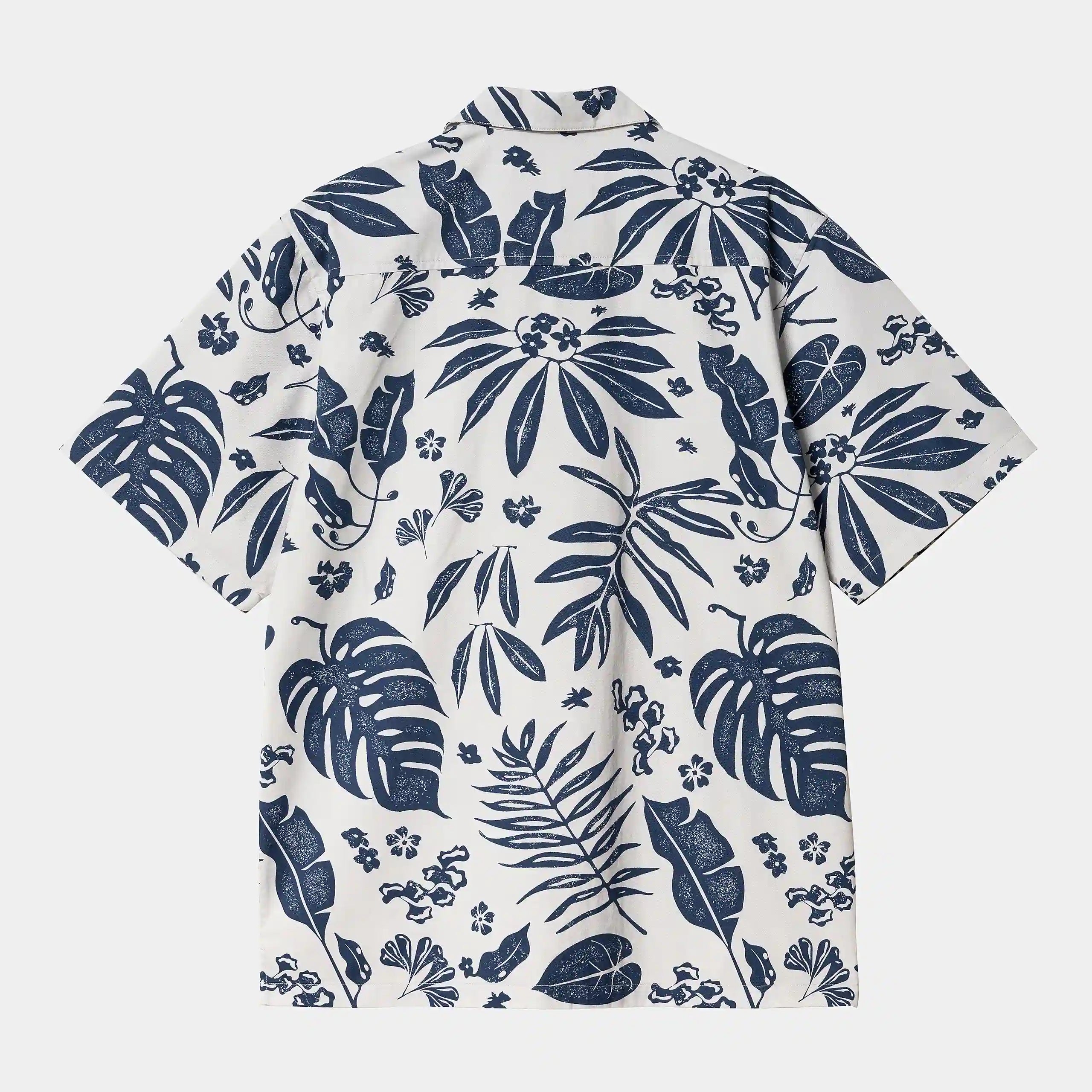 “Grau-Blaues Carhartt WIP S/S Woodblock Shirt aus Baumwolle mit durchgängigem, dunklem Holzblockmuster und Knopfleiste.“