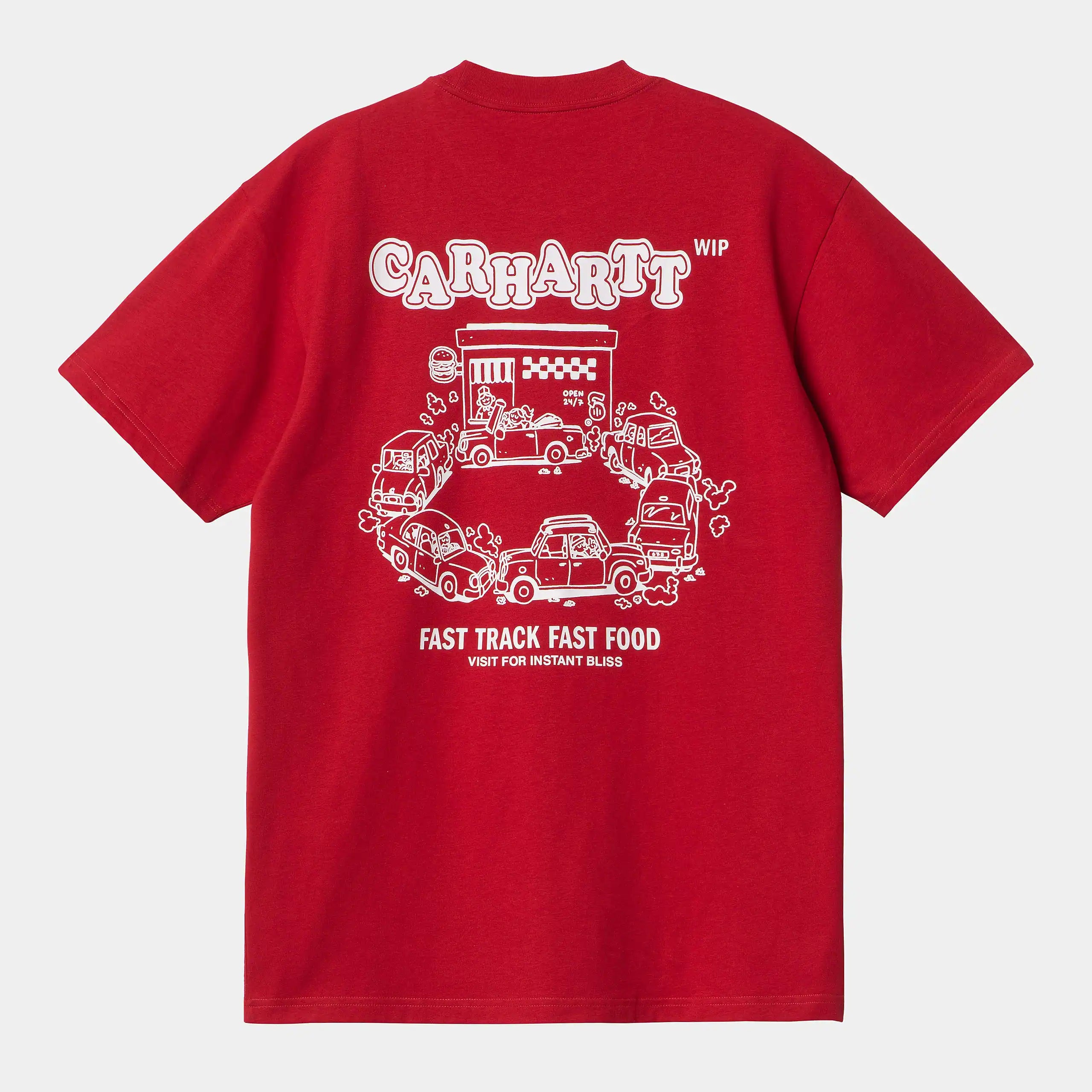 “Carhartt WIP S/S Fast Food T-Shirt – Samba / White. Rotes T-Shirt aus Bio-Baumwolle, mit weißem Carhartt-Logo und Fast-Food-Grafik auf der Brust.“