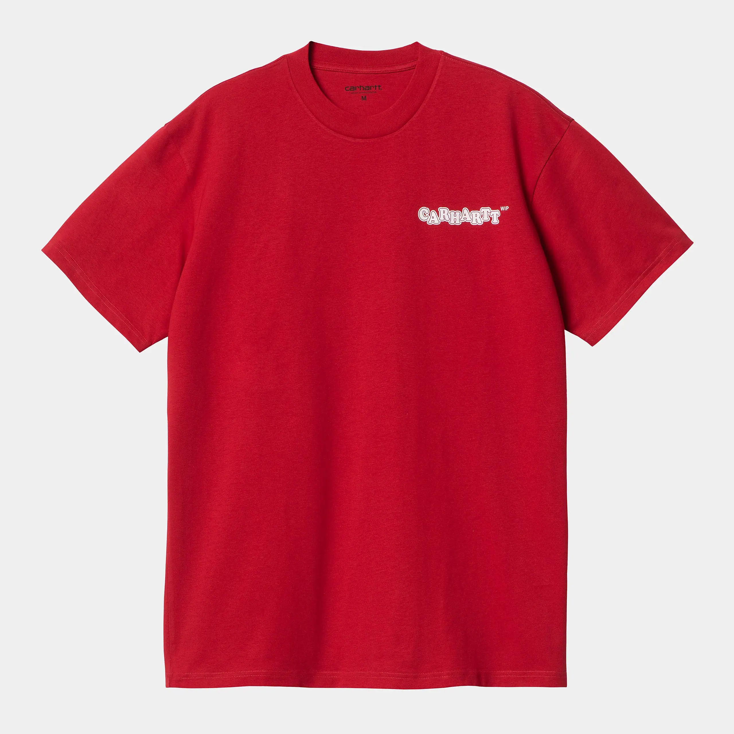 “Carhartt WIP S/S Fast Food T-Shirt – Samba / White. Rotes T-Shirt aus Bio-Baumwolle, mit weißem Carhartt-Logo und Fast-Food-Grafik auf der Brust.“
