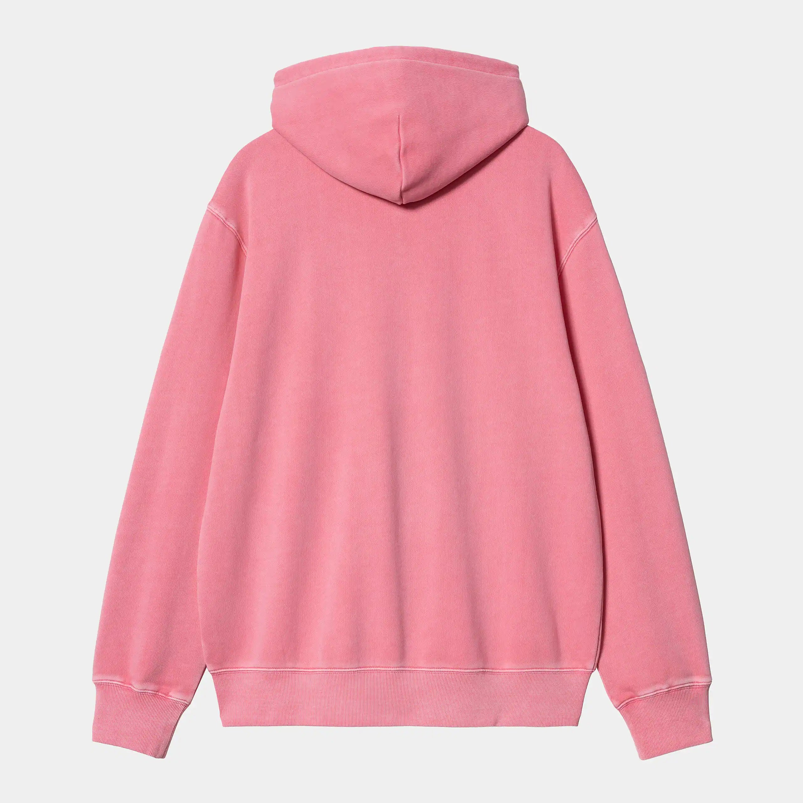 "Carhartt WIP Hooded Duster Script Jacket – Charm Pink (garment dyed). Rosafarbene Kapuzenjacke aus Baumwolle, garment dyed, mit Reißverschluss und Carhartt WIP Script-Logo-Stickerei."