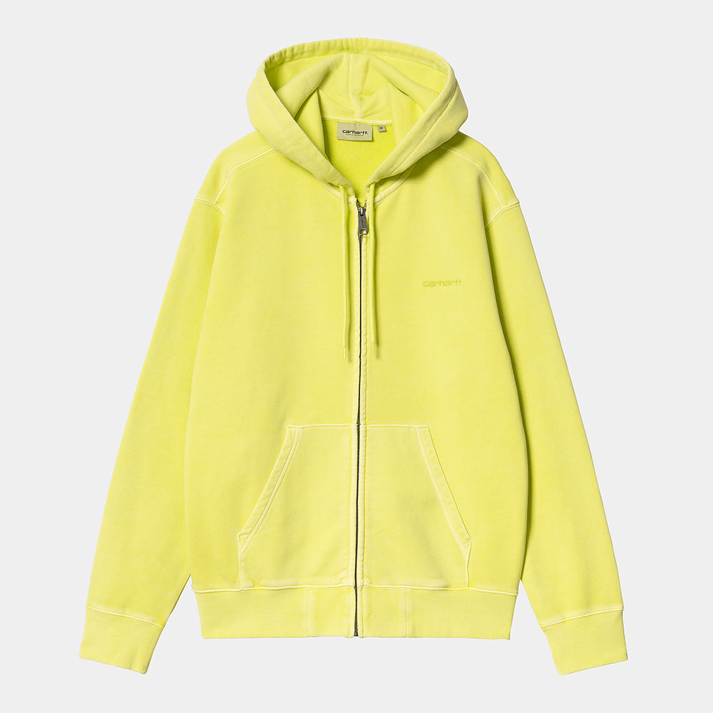 Carhartt WIP Hooded Duster Script Jacket – Arctic Lime (garment dyed). Grüne Kapuzenjacke aus Baumwolle, garment dyed, mit Reißverschluss, Kordelzug und Carhartt WIP Script-Logo-Stickerei.