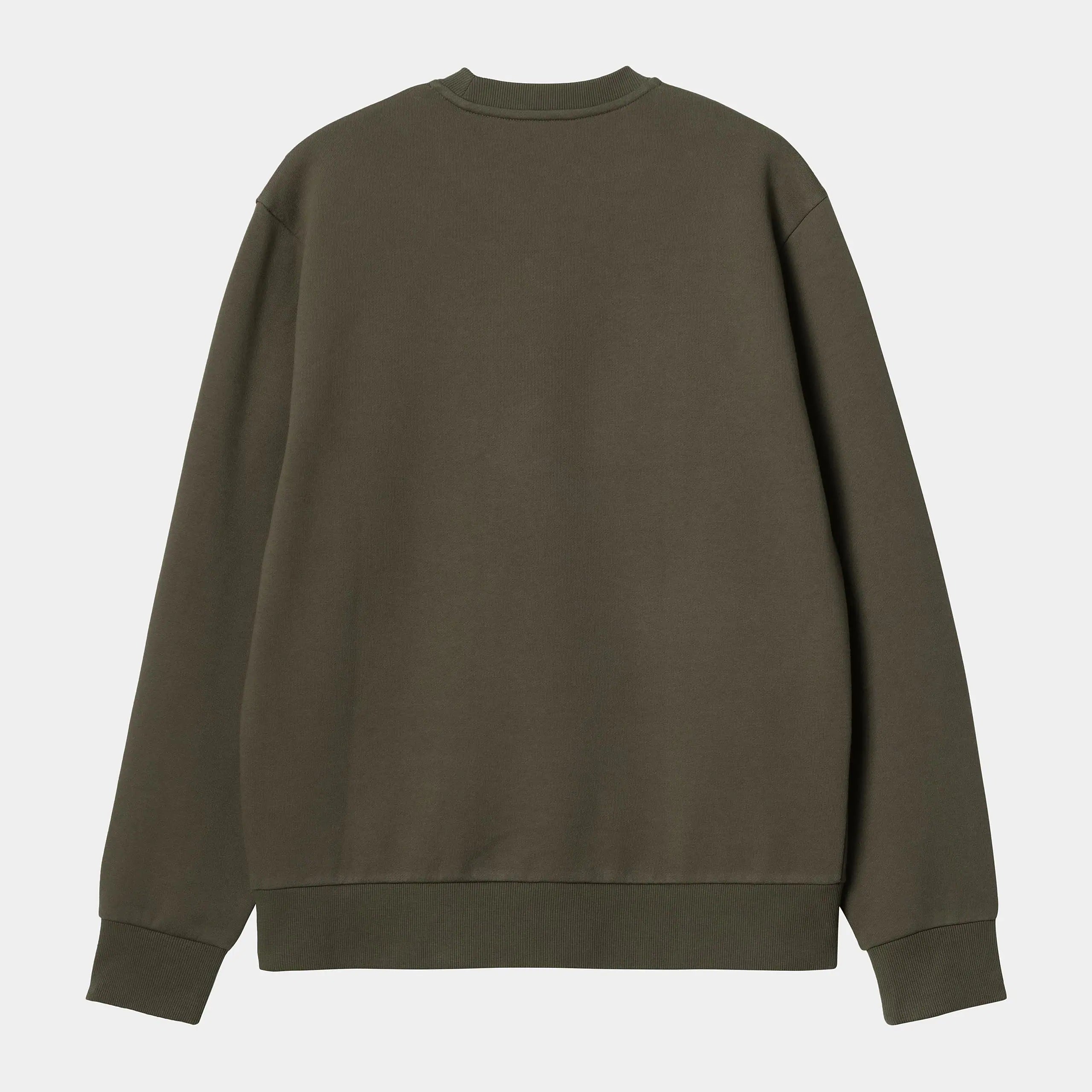 “Carhartt WIP Script Embroidery Sweat – Cypress / White. Grünes Sweatshirt aus Baumwoll-Polyester-Mix, mit Rundhals und weißer Carhartt Script-Logo-Stickerei auf der Brust.“