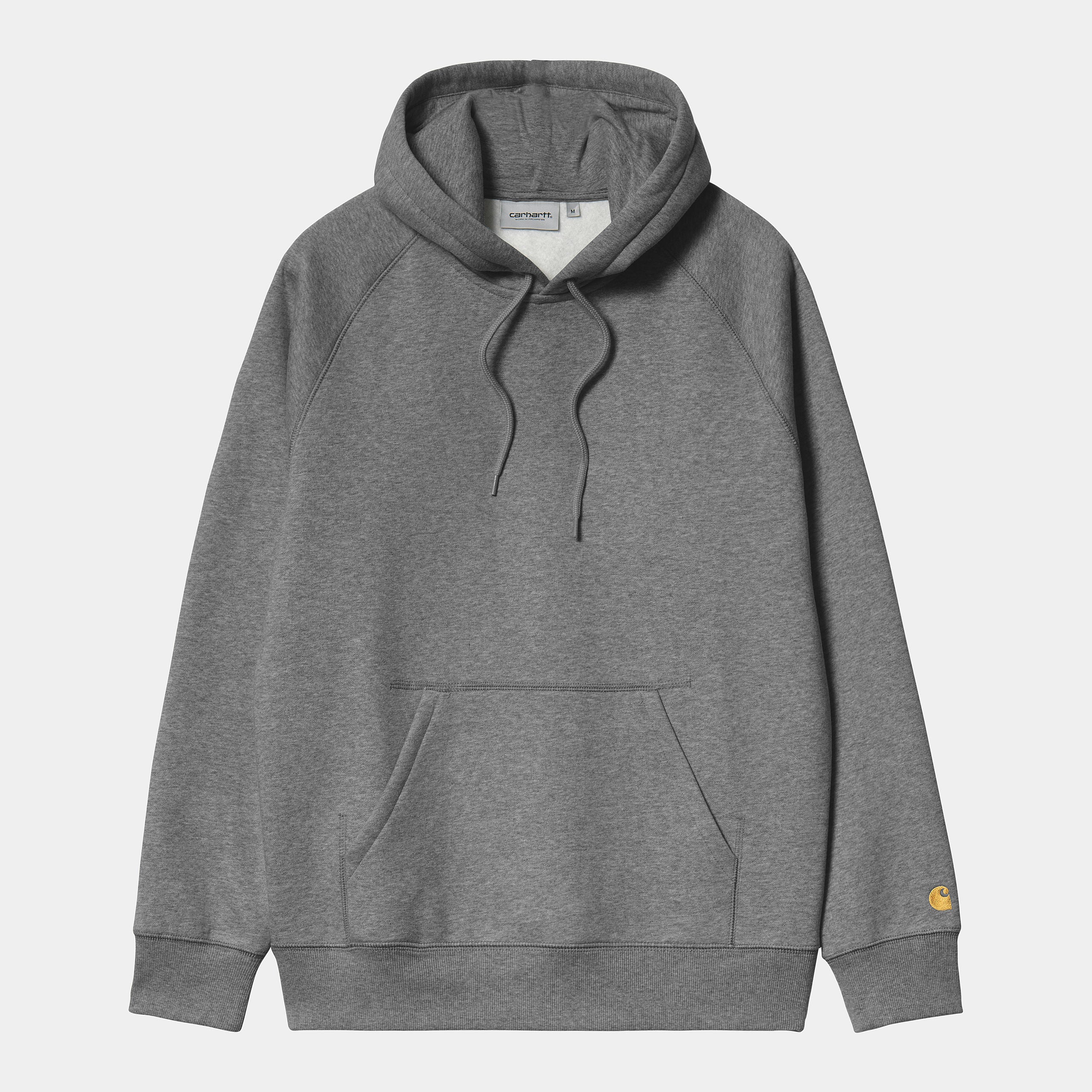 "Carhartt Hooded Chase Sweat in Dunkelgrau meliert/Gold, I033661_00C_XX, carhartt hoodie aus Baumwollmischung, Kapuze, goldene Logo-Stickerei, klassischer Hoodie-Stil."
