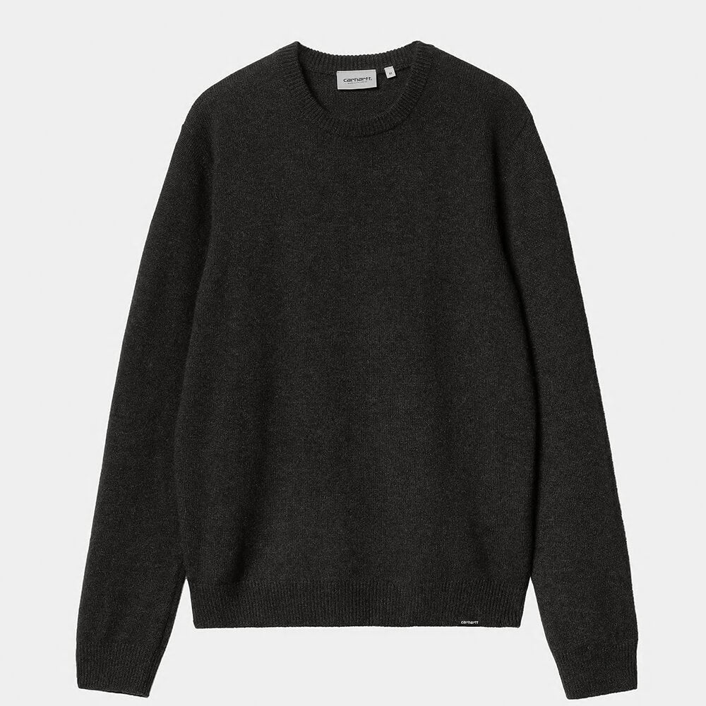 „Meliert-schwarzer (Black Heather) Carhartt WIP Alten Strickpullover für Herren mit Logo-Stick auf der Brust und Rippstrickbündchen bei Stickabush Berlin.“