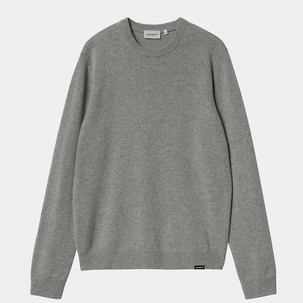 „Grauer Carhartt WIP Alten Strickpullover für Herren aus Wollmix mit Rundhalsausschnitt und dezentem Script-Label bei Stickabush Berlin.“