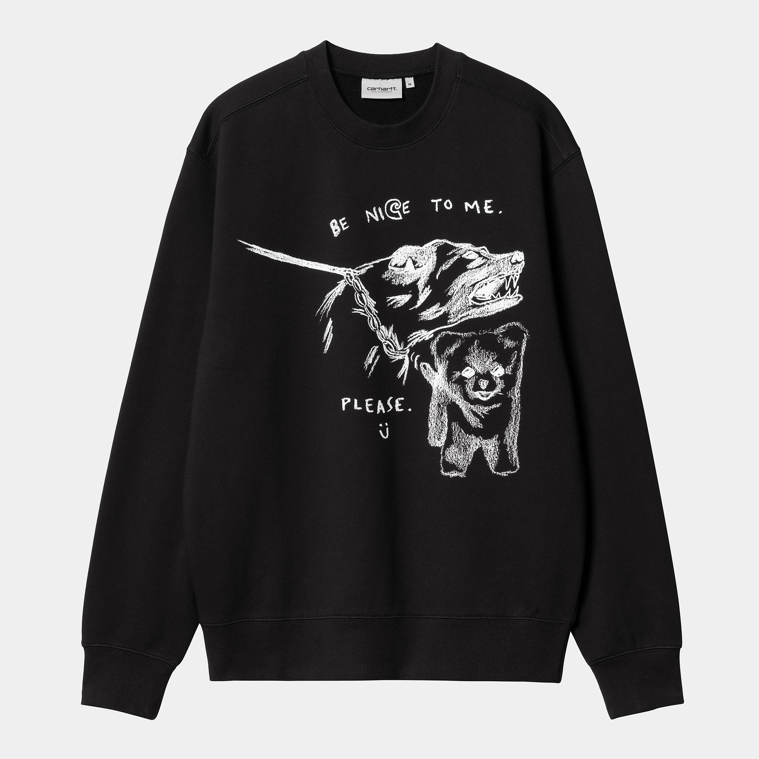 “Carhartt WIP Pepe Be Nice Sweat in Black / White I033933_0D2_XX: Eine Artist Collabo mit Grafikprints von Pepe Tirelli und mit einem loose Fit und Baumwolle.“