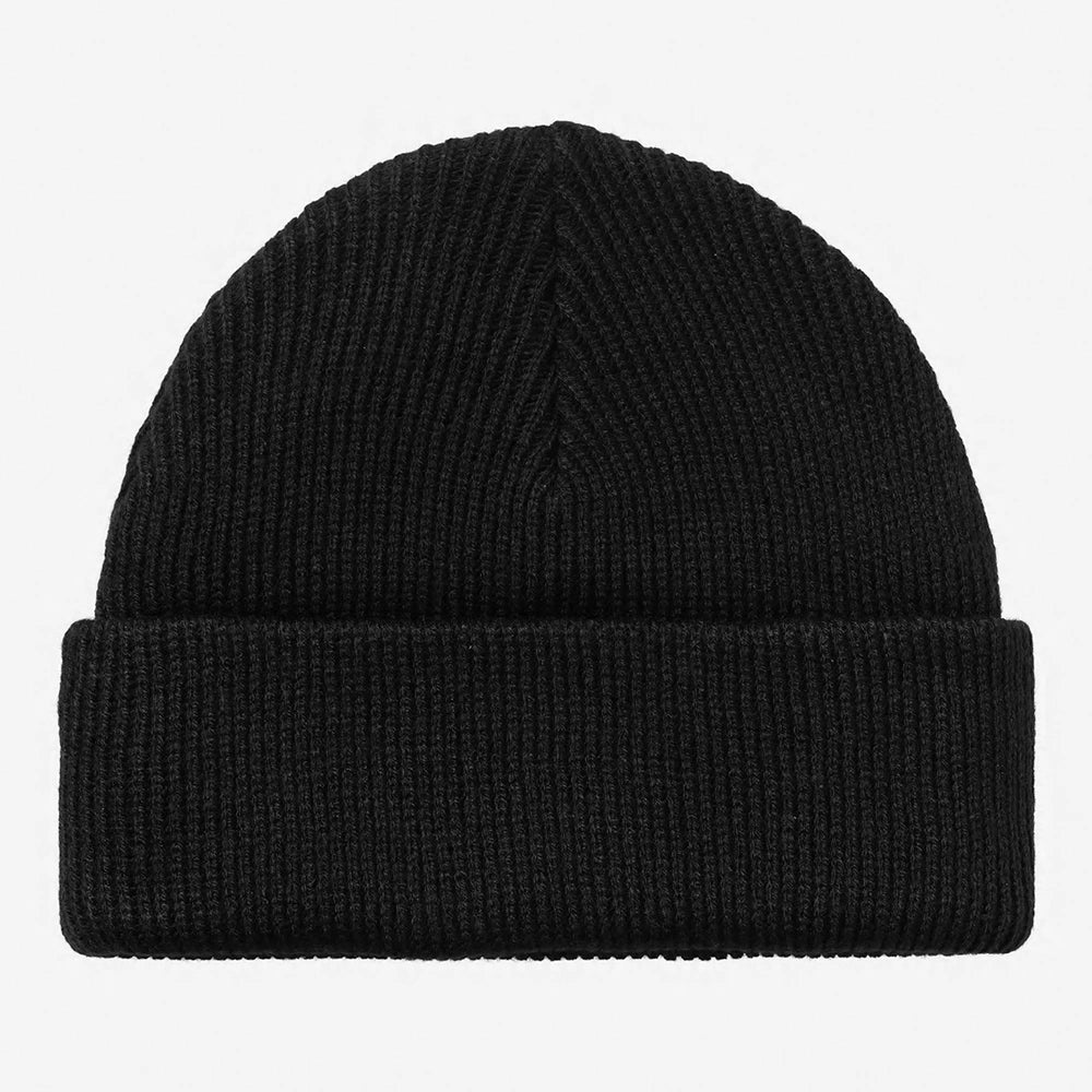 “Carhartt WIP Gordan Beanie in Schwarz. Gerippte Strickmütze aus 100% Polyester mit umgeschlagenem Rand und Square Label Logo-Patch.“