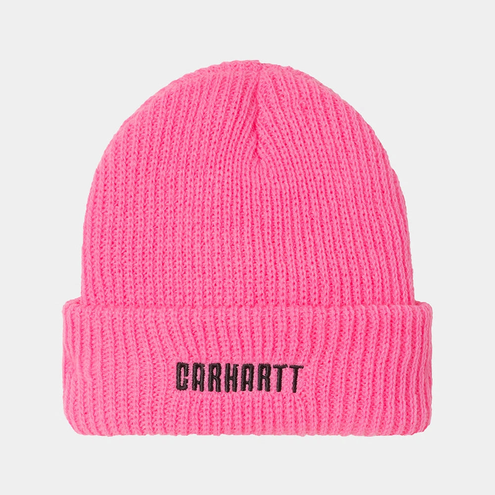 “Carhartt WIP Industry Beanie – Lumo Pink / Black. Leuchtend pinke Strickmütze aus Acryl, mit breitem Umschlag und schwarzem Carhartt Industry Logo-Patch.“