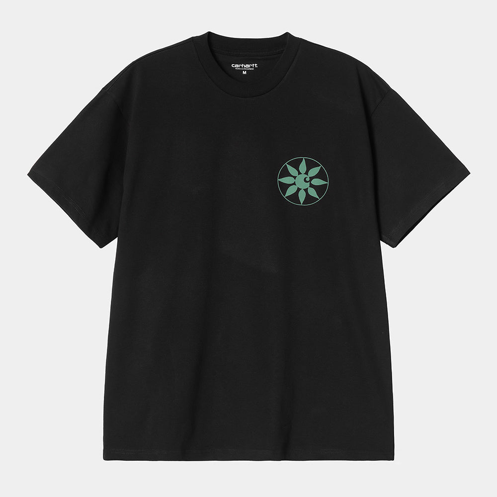 "Carhartt Senses T-Shirt in Schwarz, Baumwolle, Kurzarm, schlichtes Design mit kleinem, farbigem Print auf der Brust und Print auf dem Rücken."