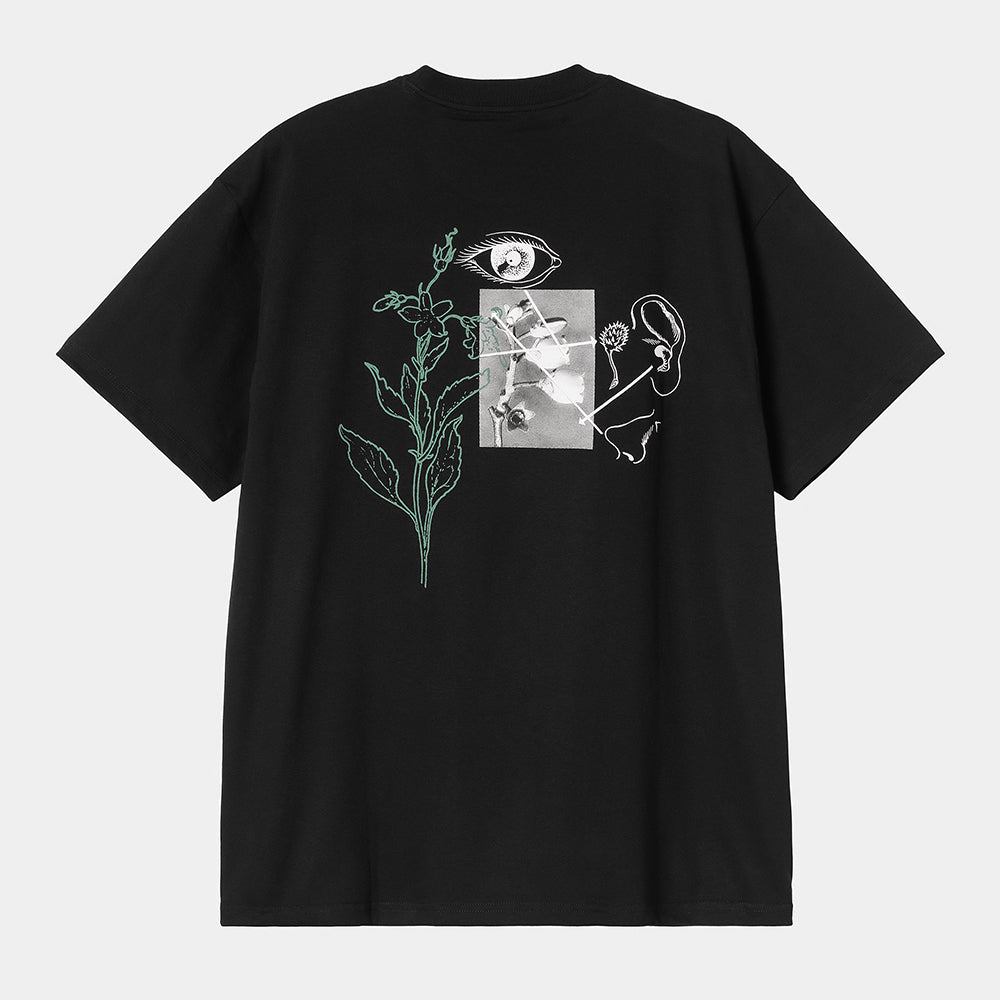 "Carhartt Senses T-Shirt in Schwarz, Baumwolle, Kurzarm, schlichtes Design mit kleinem, farbigem Print auf der Brust und Print auf dem Rücken."
