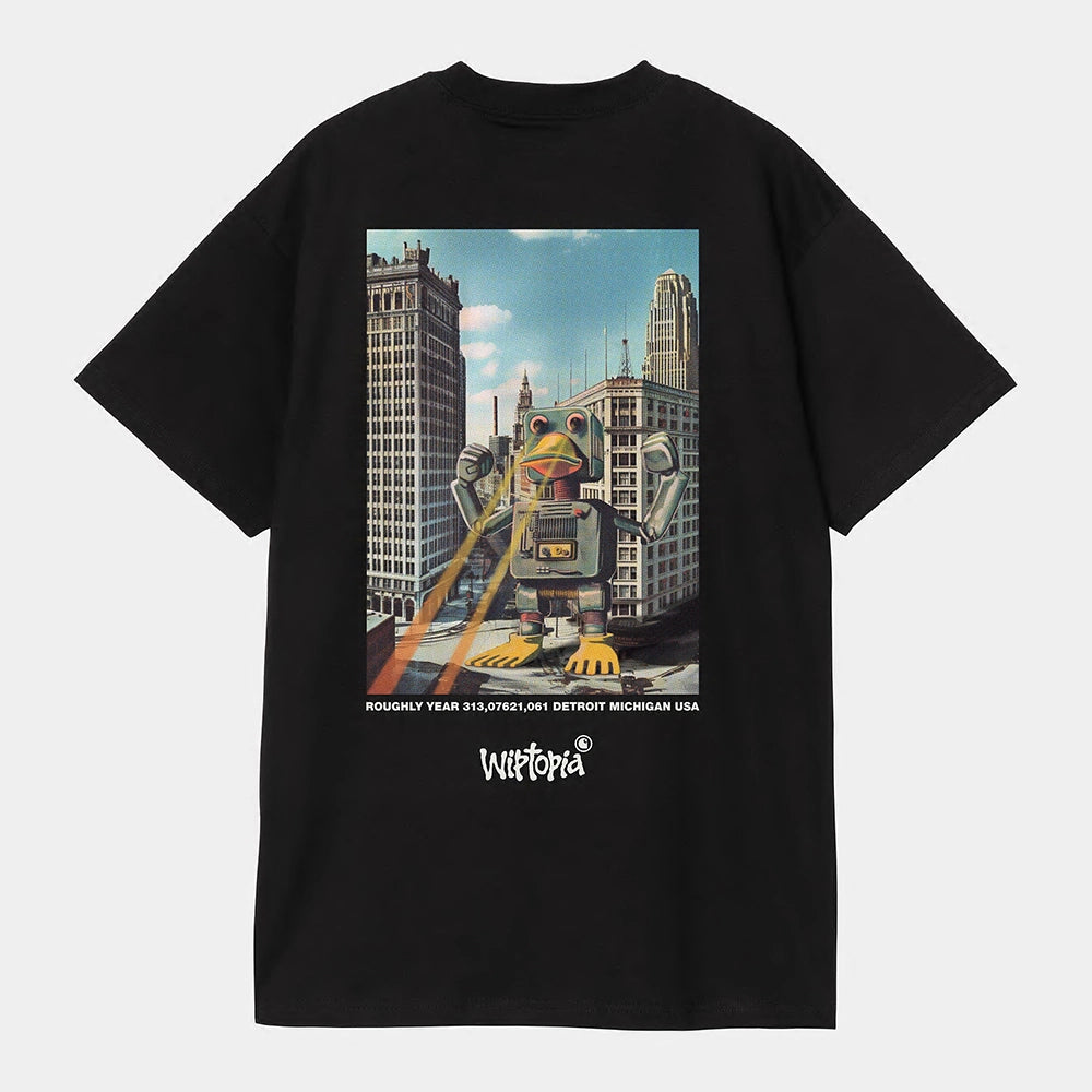 Carhartt WIP S/S Wiptopia T-Shirt – Black. Schwarzes T-Shirt aus Bio-Baumwoll-Jersey, mit Rundhals und weißem, grafischem Carhartt WIP "Wiptopia" Print auf der Brust und großen Print auf dem Rücken.