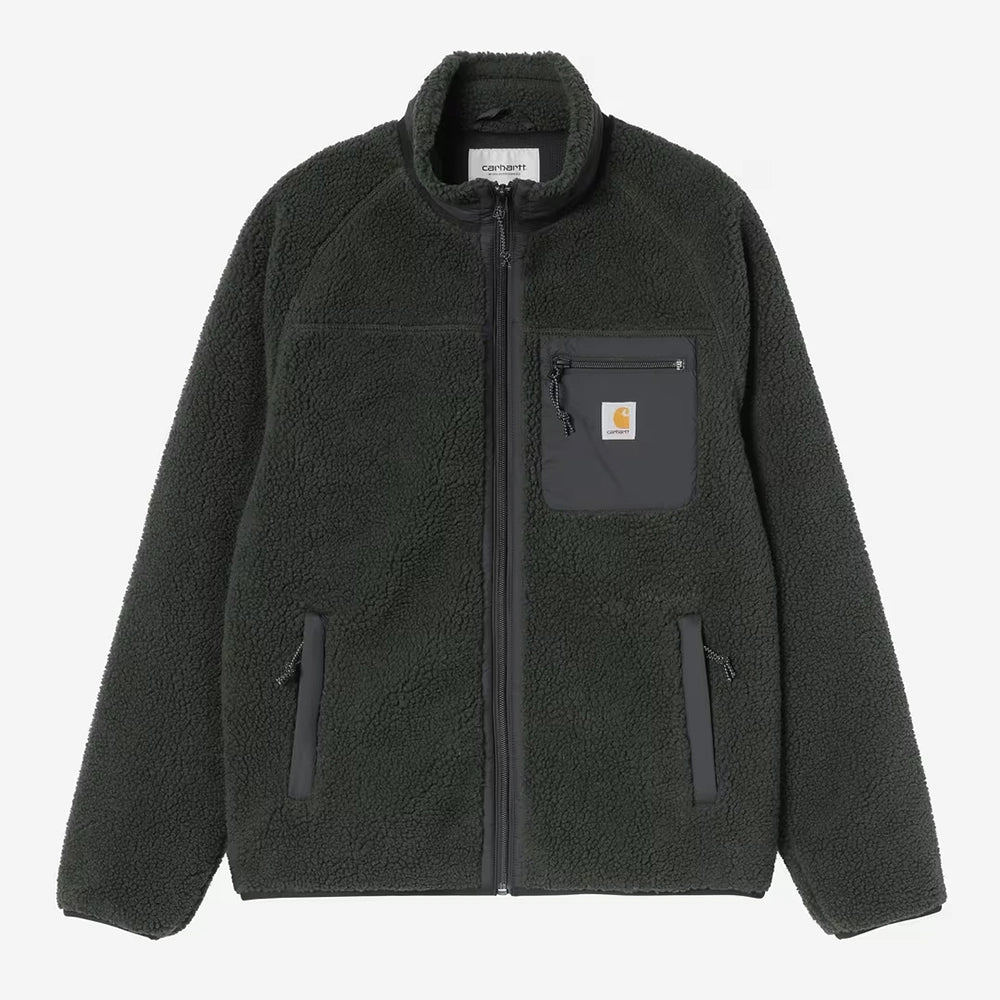 Carhartt WIP Prentis Liner in Raven / Black – Vorderansicht der dunkelgrünen Fleece-Jacke mit schwarzen Nylon-Details und Quadrat-Logo.