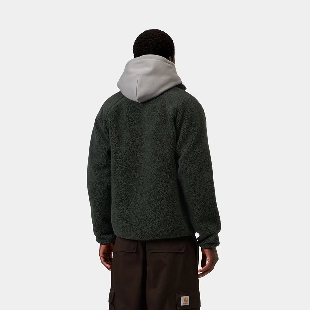Carhartt WIP Prentis Liner in Raven / Black – Rueckansicht am Model der dunkelgrünen Fleece-Jacke mit schwarzen Nylon-Details und Quadrat-Logo.