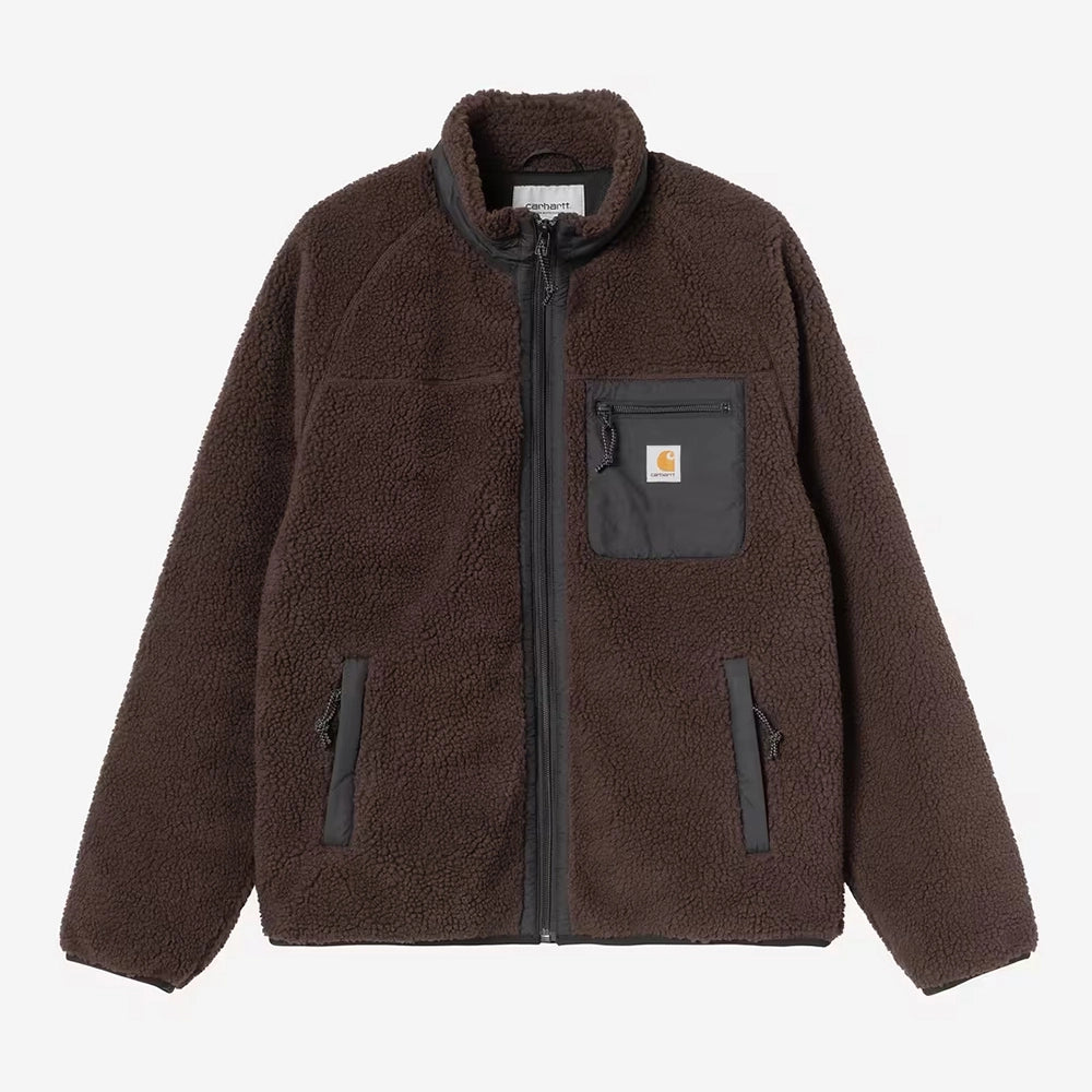 Carhartt WIP Prentis Liner in Palisander / Black – Vorderansicht der braunen Fleece-Jacke für Herren mit schwarzen Nylon-Akzenten und Quadrat-Logo.