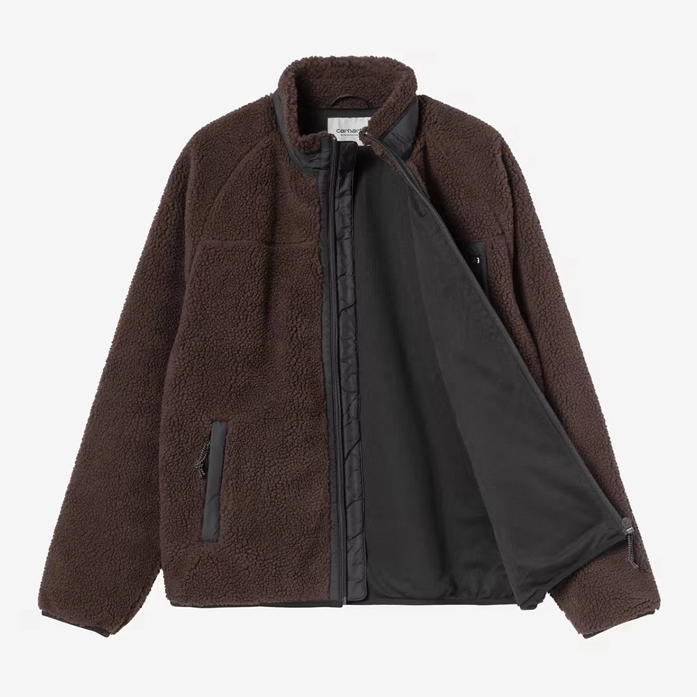 Carhartt WIP Prentis Liner in Palisander / Black – geöffnete Vorderansicht der braunen Fleece-Jacke für Herren mit schwarzen Nylon-Akzenten und Quadrat-Logo.