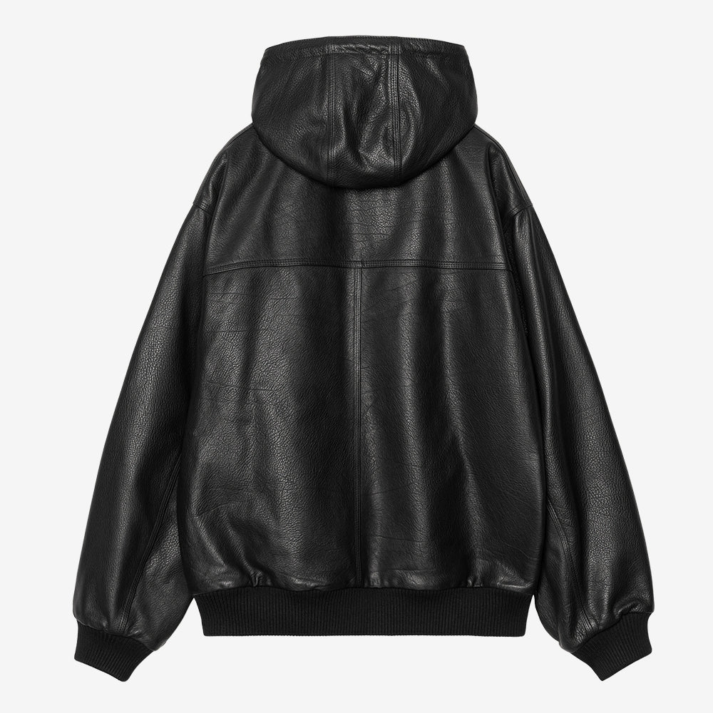 Carhartt WIP OG Active Jacket 50 Years Anniversary in Schwarz, Premium-Leder, mit Hamilton Brown Innenfutter und Kapuze.