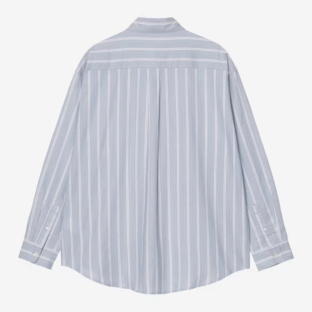 "Carhartt WIP L/S Beale Shirt in Gentle Blue / White – Gestreiftes Langarmhemd aus Baumwoll-Oxford mit Button-Down-Kragen bei Stickabush Berlin.“