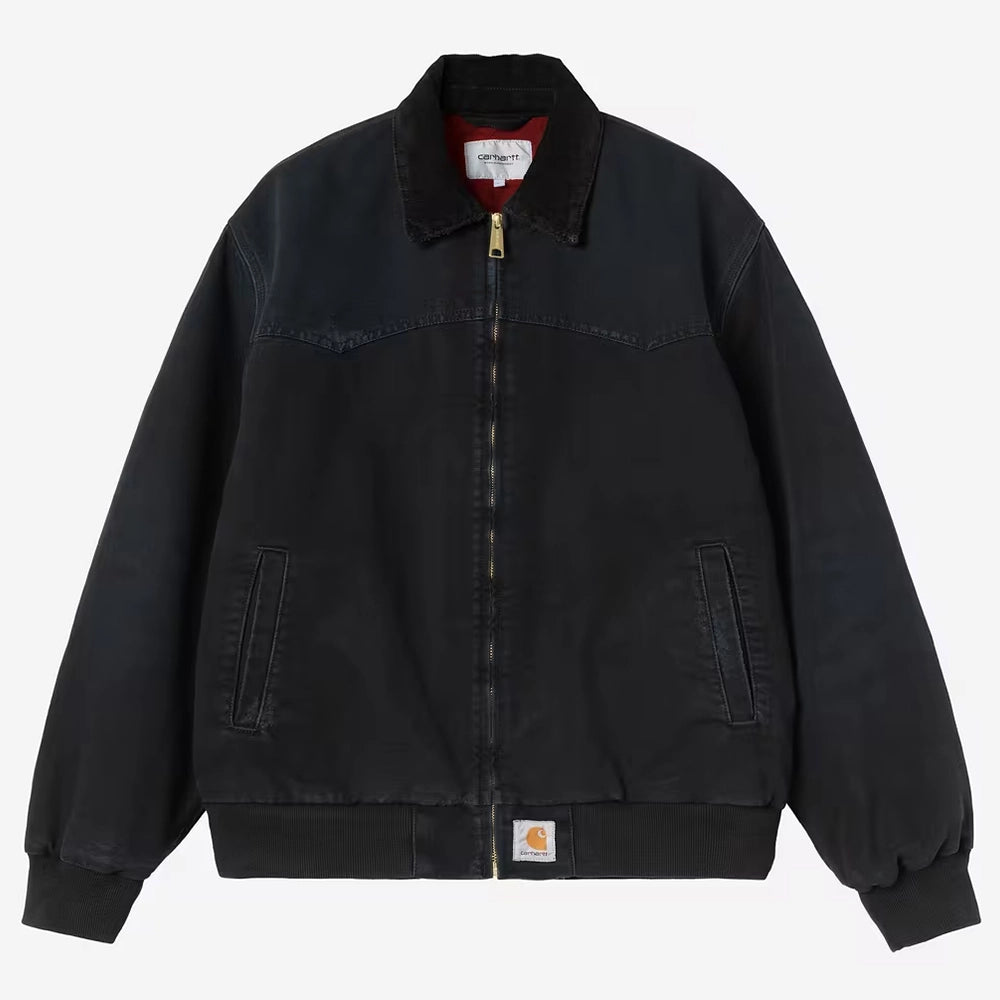 Carhartt WIP OG Santa Fe Jacket in Black / Black (Grind washed) – Robuste Canvas-Jacke mit Samtkragen im Vintage-Look.