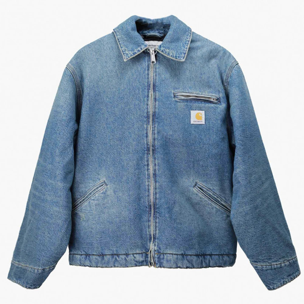 Carhartt WIP OG Detroit Jacket Blue grind wash Vorderansicht mit Cordkragen und Brusttasche.