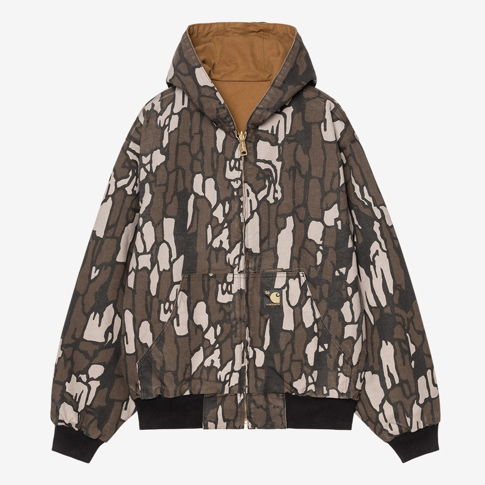 Carhartt WIP OG Active Jacket 50 Years Anniversary in Hamilton Brown, Canvas-Material, mit Camo Treb Innenfutter und Kapuze, rinsed.