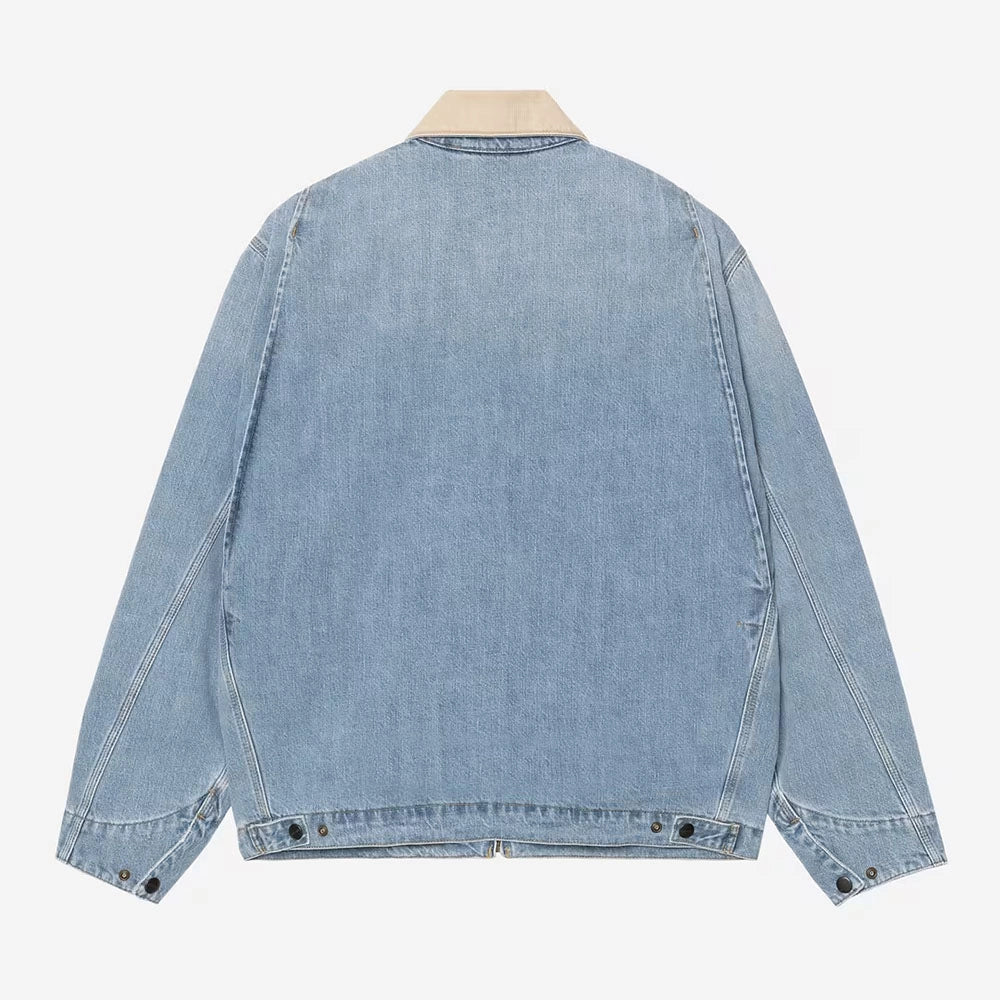 “Carhartt WIP OG Detroit Jacke für Herren in Blau und Cordkragen in Braun aus markantem Burst Washed Canvas mit weitem Loose Fit bei Stickabush.“