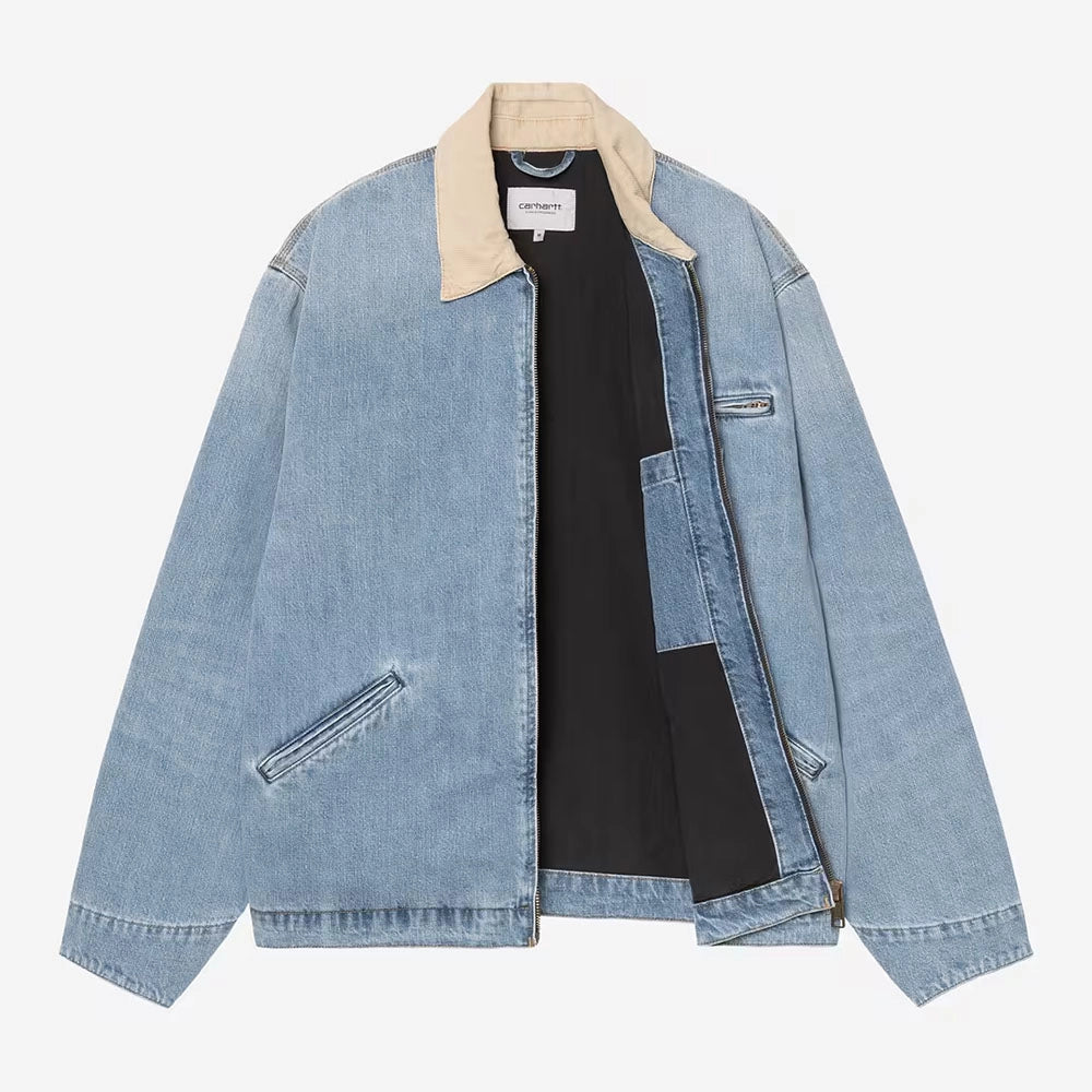 “Carhartt WIP OG Detroit Jacke für Herren in Blau und Cordkragen in Braun aus markantem Burst Washed Canvas mit weitem Loose Fit bei Stickabush.“