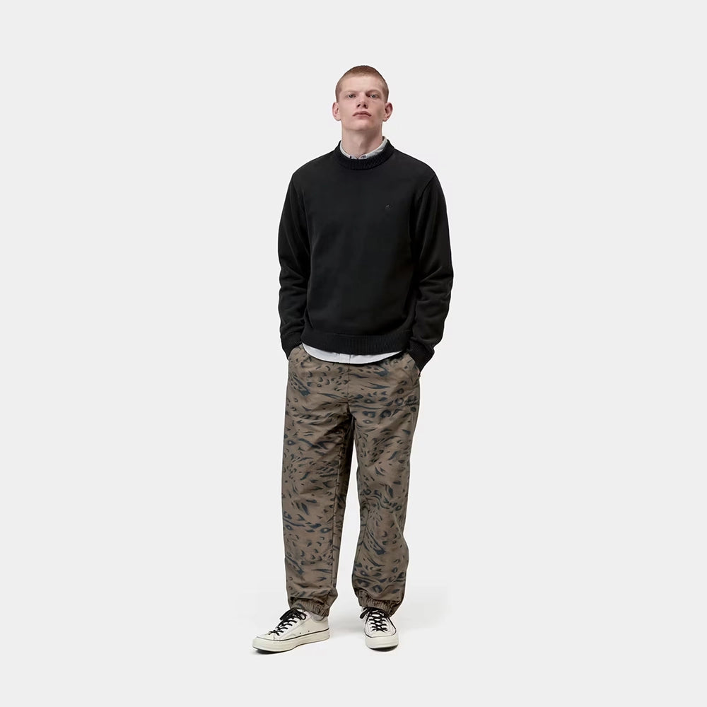 Carhartt WIP Travon Pant in Duck Feather Print Cypress / Black – Vorderansicht Outfit am Model der wasserabweisenden Hose mit Entenfeder-Muster und Stickereien.