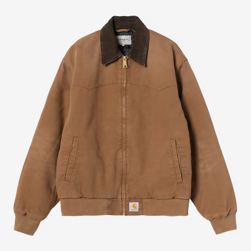 Carhartt WIP OG Santa Fe Jacket in WIP H Brown / Tobacco – Vorderansicht der braunen Canvas-Workwear-Jacke mit Kontrast-Cordkragen und Reißverschluss.
