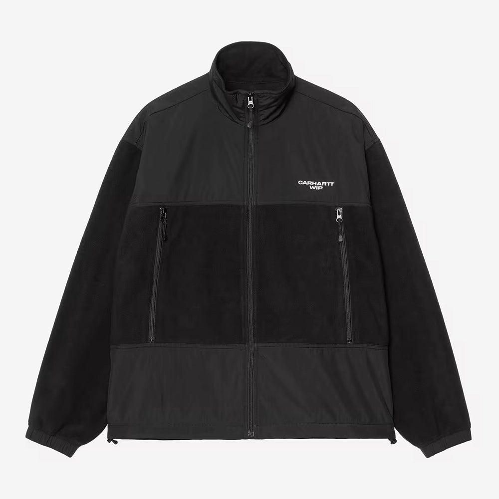 Carhartt WIP Edmore Jacket in Black / White – Vorderansicht der schwarz-weißen Jacke mit Reißverschlusstaschen und grafischer Stickerei.