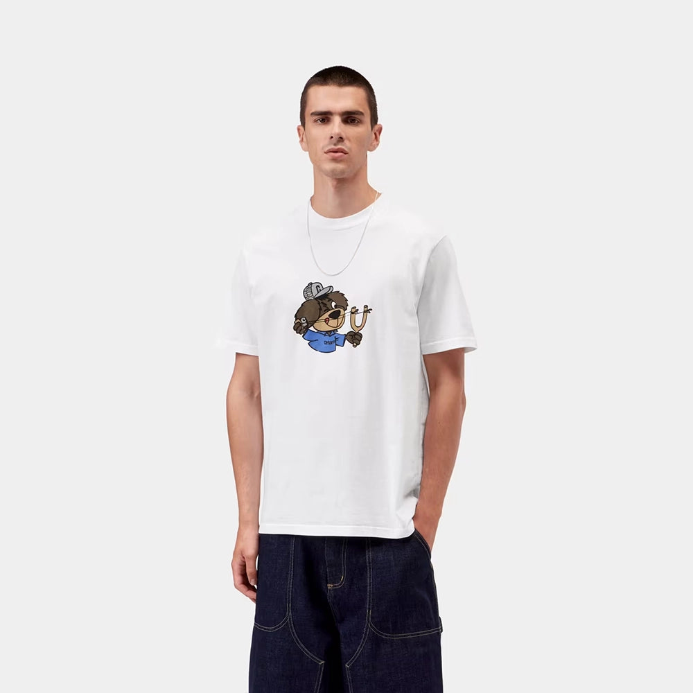 “Carhartt WIP S/S Slingshot T-Shirt in Weiß mit markantem Graphic-Print auf der Brust und Rundhalsausschnitt jetzt bei STICKABUSH.“