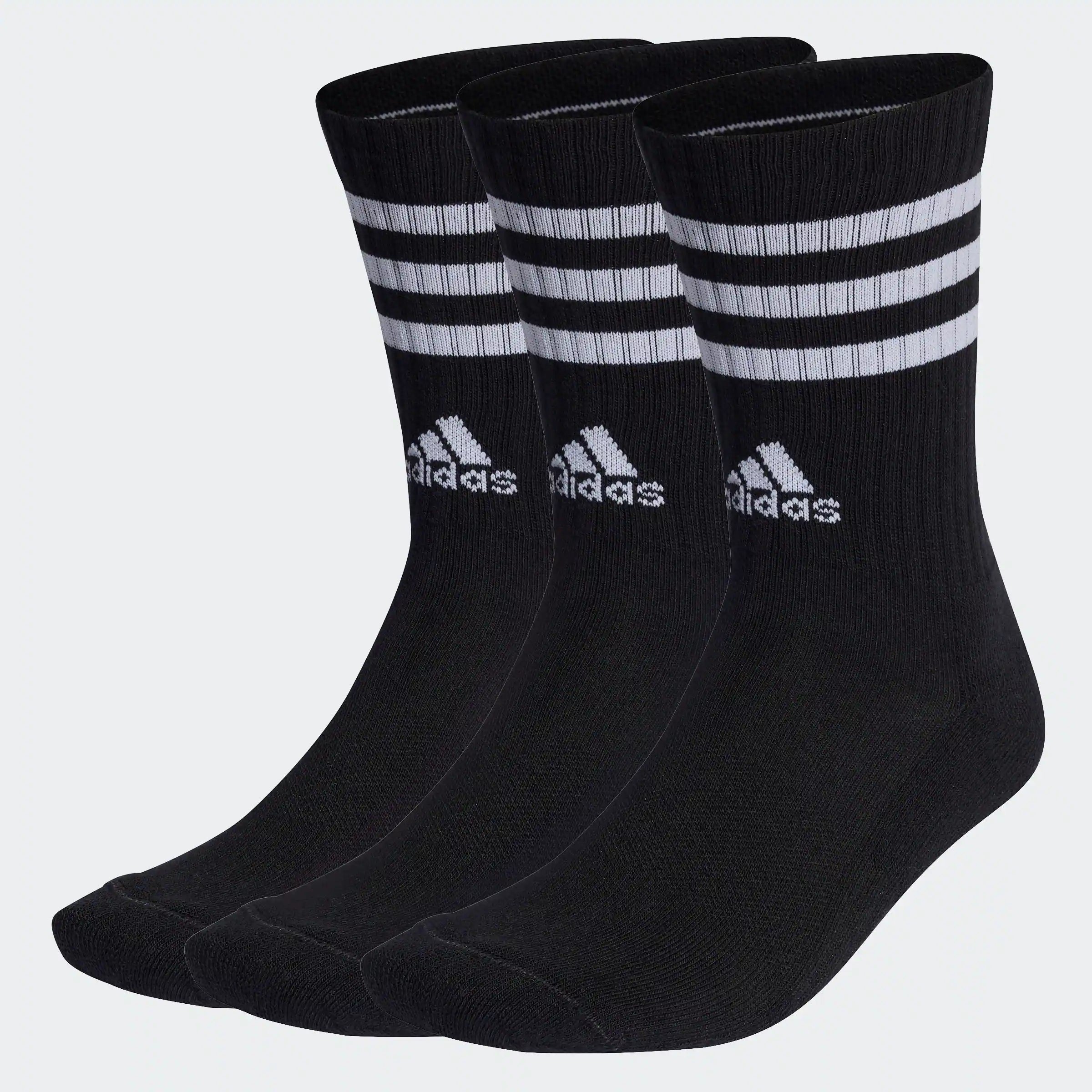 “Schwarze Adidas 3-Stripes Cushioned Crew Socken (3er-Pack) mit weißen Details. Sportsocken aus weichem, feuchtigkeitsableitendem Material mit verstärkter Fußsohle, gerippten Bündchen und den ikonischen 3-Streifen.“
