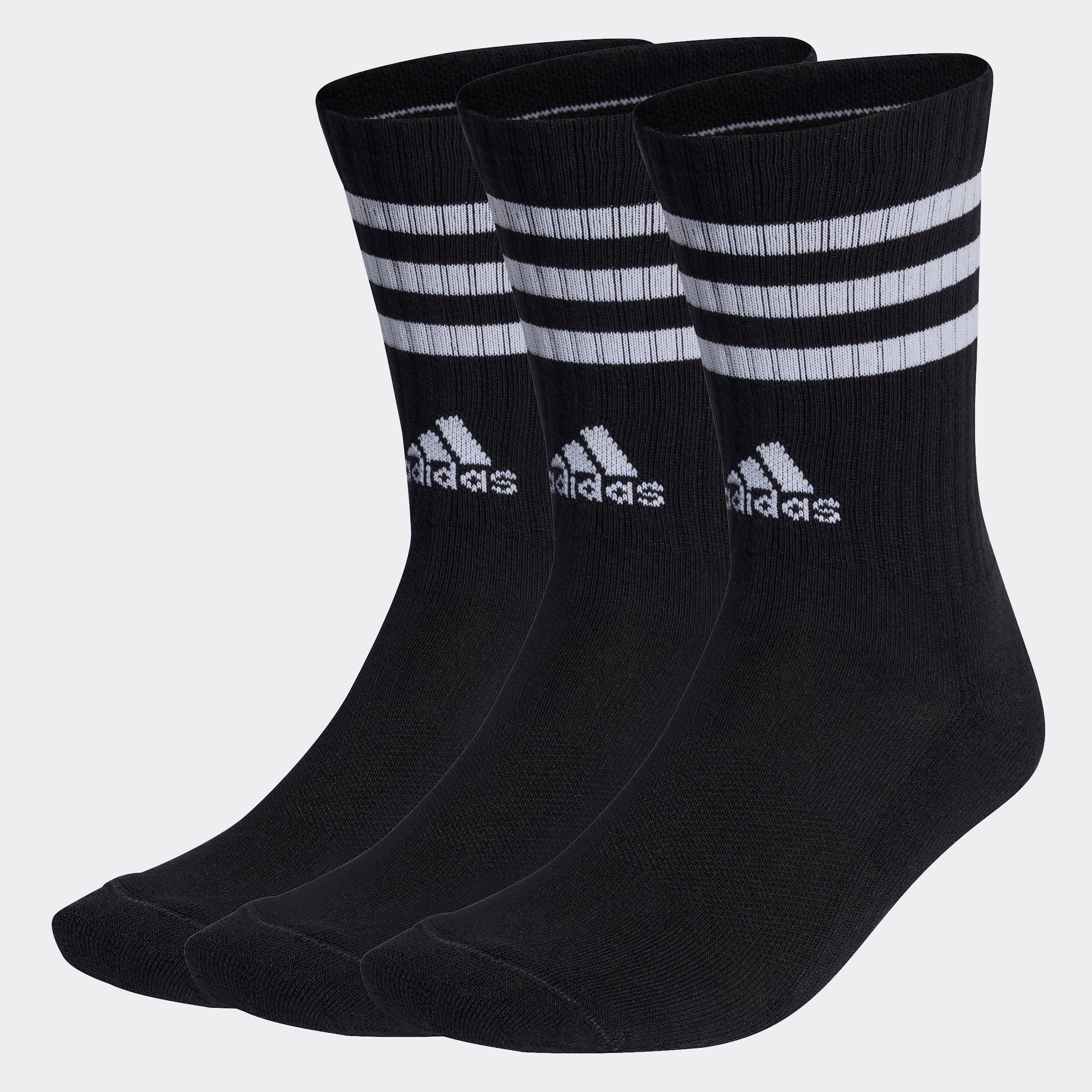 “Adidas 3-Stripes Cushioned Crew Socks 3er Pack in Black. Bequeme und stylische Tennissocken die perfekt zu Retro Sneaker passen.“