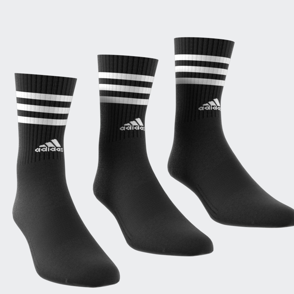 “Adidas 3-Stripes Cushioned Crew Socks 3er Pack in Black. Bequeme und stylische Tennissocken die perfekt zu Retro Sneaker passen.“