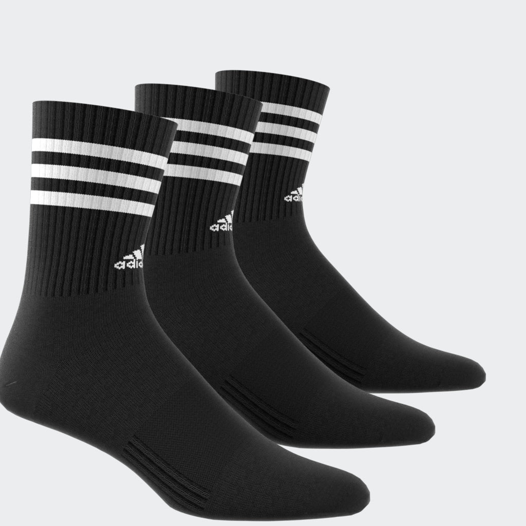 “Adidas 3-Stripes Cushioned Crew Socks 3er Pack in Black. Bequeme und stylische Tennissocken die perfekt zu Retro Sneaker passen.“