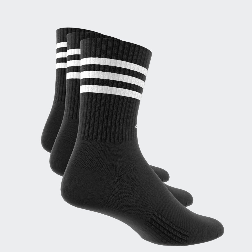 “Adidas 3-Stripes Cushioned Crew Socks 3er Pack in Black. Bequeme und stylische Tennissocken die perfekt zu Retro Sneaker passen.“