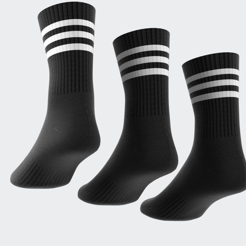 “Adidas 3-Stripes Cushioned Crew Socks 3er Pack in Black. Bequeme und stylische Tennissocken die perfekt zu Retro Sneaker passen.“