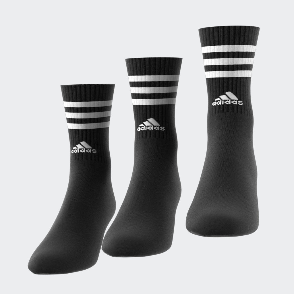 “Adidas 3-Stripes Cushioned Crew Socks 3er Pack in Black. Bequeme und stylische Tennissocken die perfekt zu Retro Sneaker passen.“